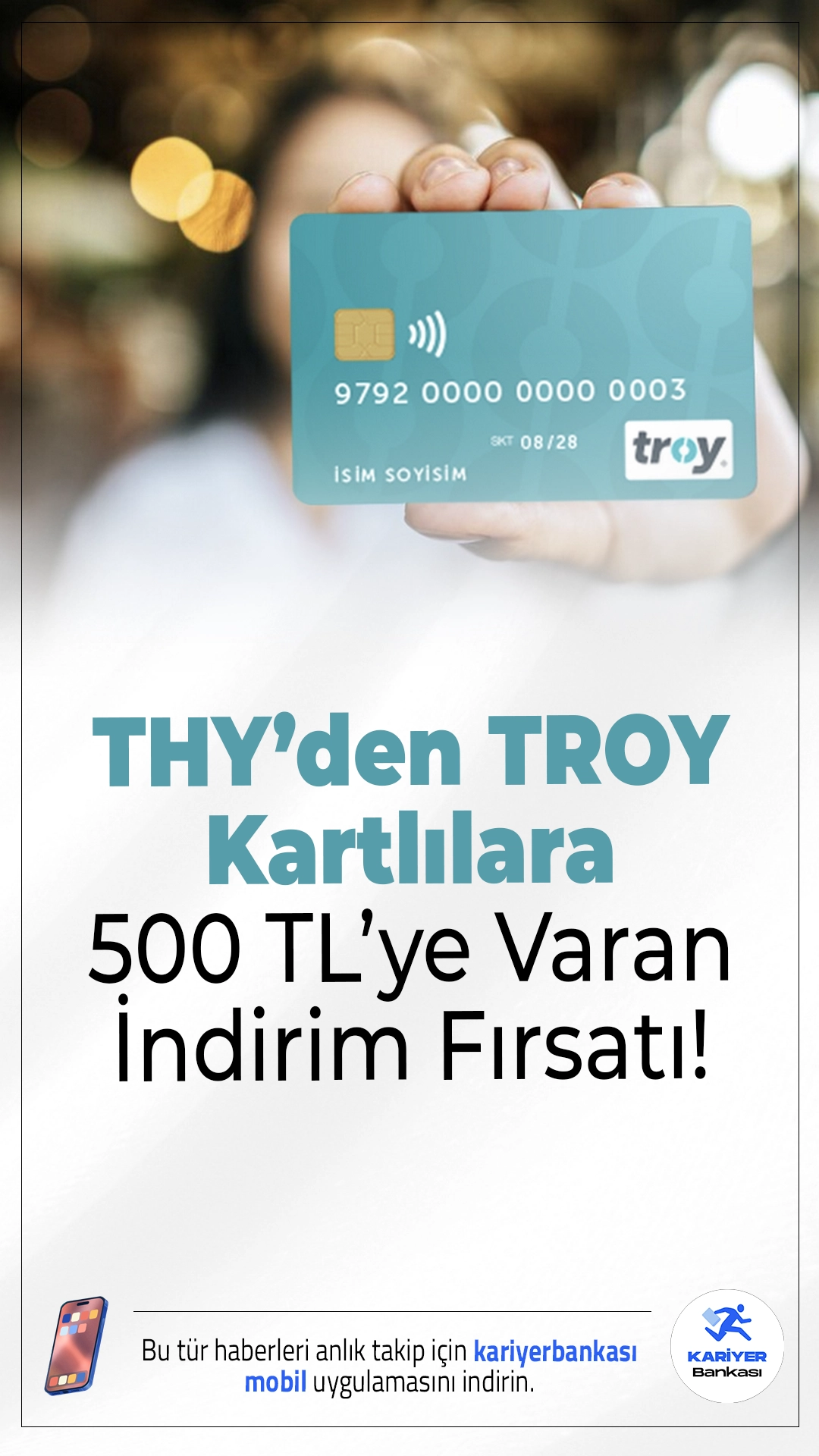 THY’den TROY Kart Sahiplerine 500 TL’ye Varan İndirim Fırsatı!Türk Hava Yolları, TROY kart kullanıcılarına özel yeni kampanyasıyla yurt içi ve yurt dışı biletlerde 500 TL’ye varan indirim sunuyor. Kampanya, sınırlı sayıda koltuk için geçerli olacak.