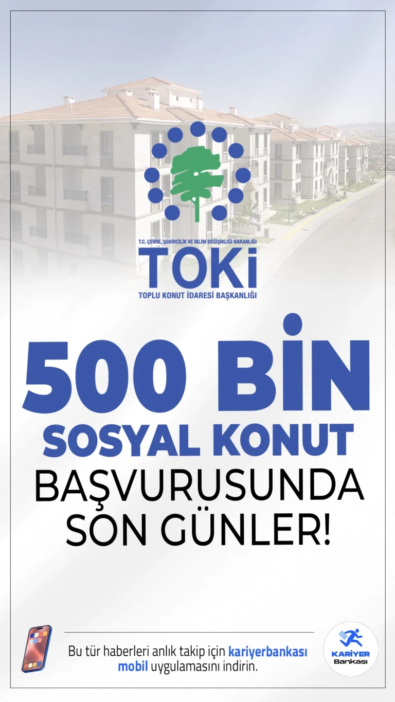 TOKİ 500 Bin Sosyal Konut Başvurusunda Son Günler!Dar gelirli vatandaşların uygun koşullarda ev sahibi olabilmesini amaçlayan Yüzyılın Konut Projesi'ne başvurularda sona gelindi. 10 Kasım’da başlayan TOKİ 500 Bin Sosyal Konut e-Devlet başvuruları, e-Devlet üzerinden 18 Aralık, bankalar (Ziraat, Halk, Emlak Katılım) üzerinden ise 19 Aralık Cuma günü tamamlanacak.