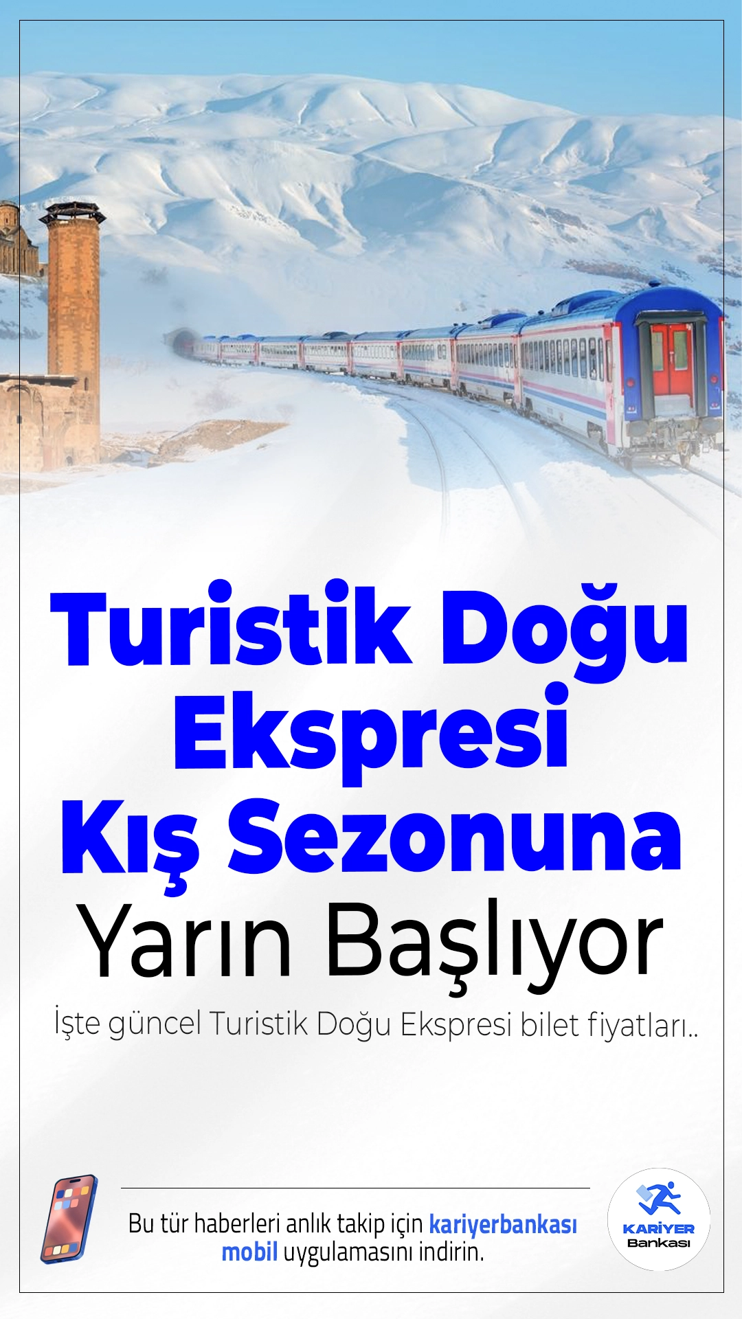 Turistik Doğu Ekspresi Kış Sezonuna Yarın Başlıyor.Doğu’nun eşsiz manzaralarıyla süslenen Turistik Doğu Ekspresi, 2025-2026 kış sezonu seferlerine 22 Aralık itibarıyla başlıyor. Seferler 1 Mart 2026’ya kadar devam edecek.