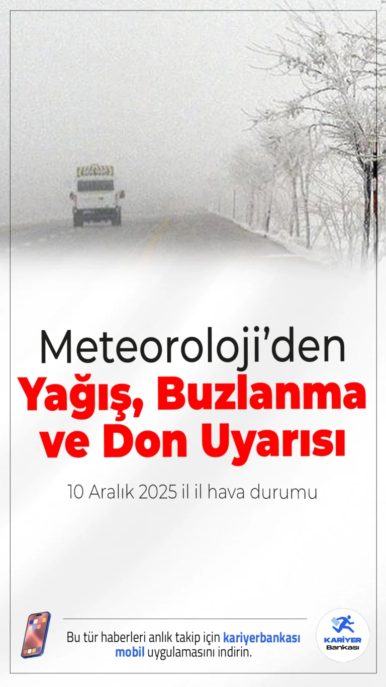 Meteoroloji’den Yağış, Buzlanma ve Don Uyarısı: 10 Aralık 2025 İl İl Hava Durumu.Meteoroloji Genel Müdürlüğü'nün (MGM) 10 Aralık 2025 Çarşamba tarihli hava durumu raporuna göre, yurt genelinde yağış, sis, pus ve buzlanma etkili olacak. Özellikle Karadeniz kıyılarında kuvvetli yağış bekleniyor.