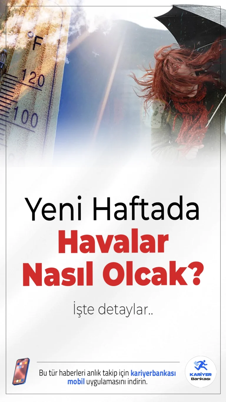 Yeni Haftada Havalar Nasıl Olcak? İşte Detaylar....Meteoroloji Genel Müdürlüğü’nün son tahminlerine göre, yeni haftada hava sıcaklıklarında önemli bir değişiklik beklenmiyor. Sıcaklıklar yurt genelinde mevsim normalleri civarında seyredecek. Yağışlı hava sistemi ise çarşamba günü yurdu terk edecek.