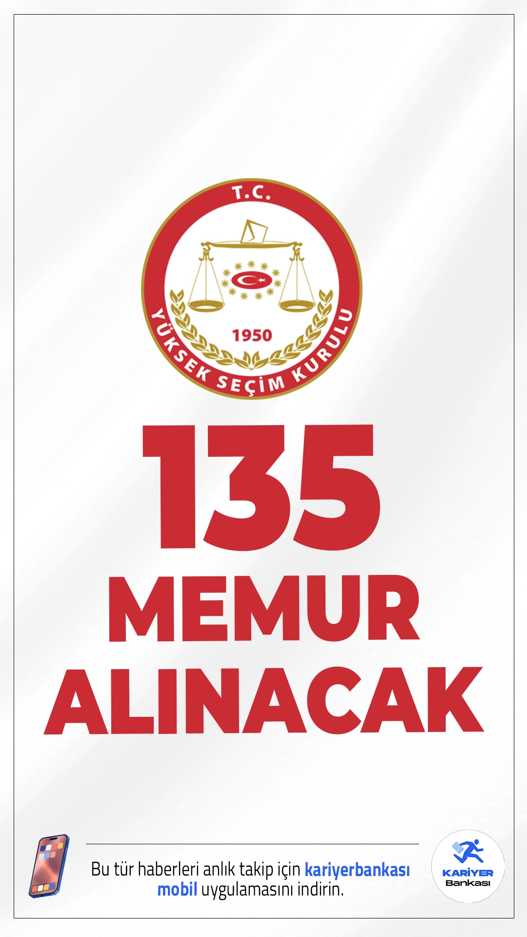 YSK 135 Memur Alımı Yapacak.Yüksek Seçim Kurulu (YSK), 657 sayılı Devlet Memurları Kanunu kapsamında  memur alımı gerçekleştireceğini duyurdu. Alım ilanına göre, merkez teşkilatına 25, taşra teşkilatına ise 110 personel alınacak. Başvurular, 14 Ocak 2026- 25 Ocak 2026 tarihleri arasında gerçekleştirilecek.