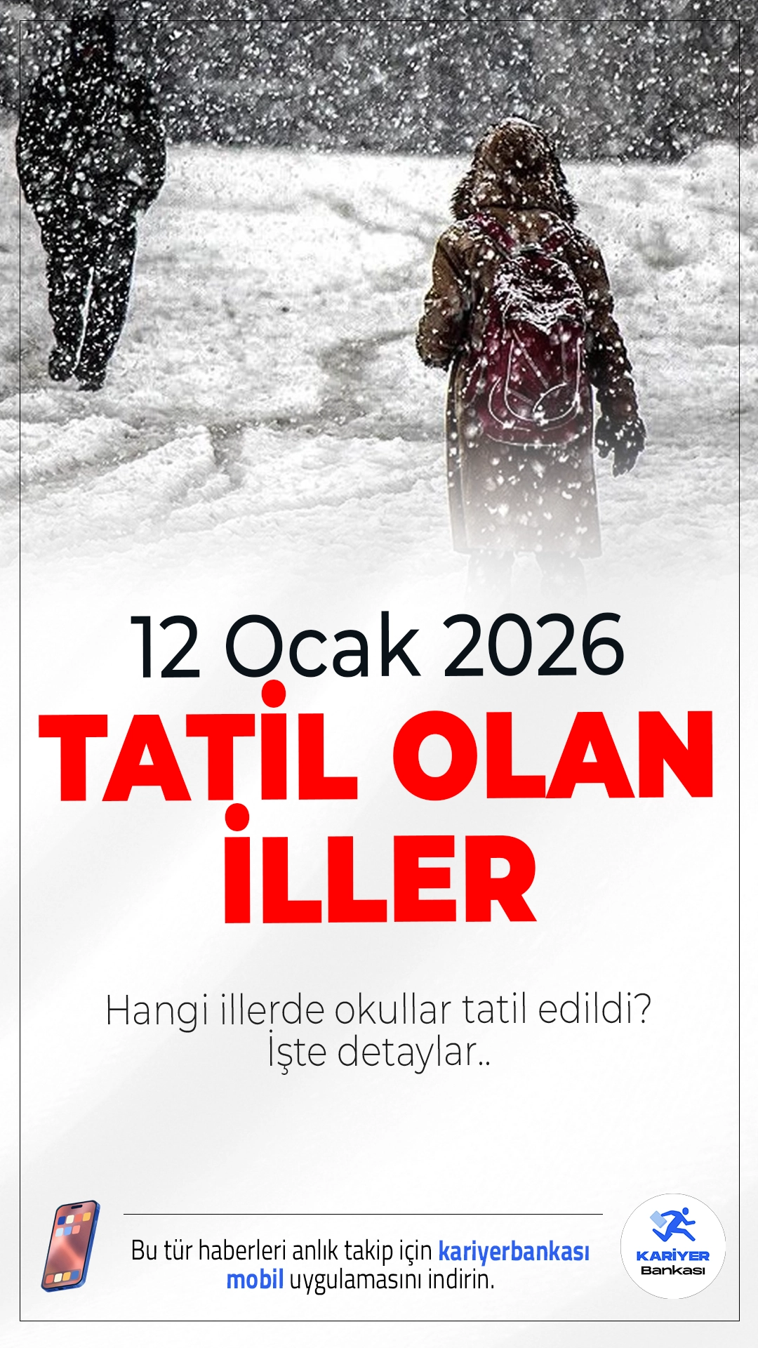 12 Ocak 2026 Kar Tatili Olan İller Belli Oldu.12 Ocak 2026 Pazartesi günü, yurt genelinde etkili olan kar yağışı ve olumsuz hava koşulları nedeniyle birçok il ve ilçede eğitime bir gün ara verildi.