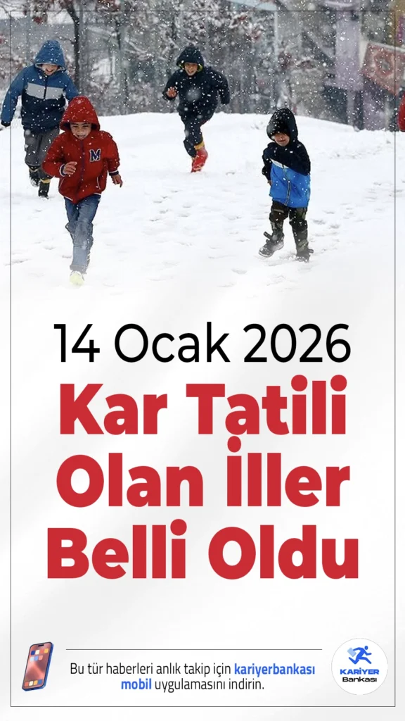 14 Ocak 2026 Kar Tatili Olan İller Belli Oldu.Yurdun doğu ve kuzey kesimlerinde etkisini artıran kar yağışı, don ve buzlanma nedeniyle birçok ilde eğitime 14 Ocak 2026 Çarşamba günü ara verildi. Tatil kararı alınan iller ve detaylar haberimizde.