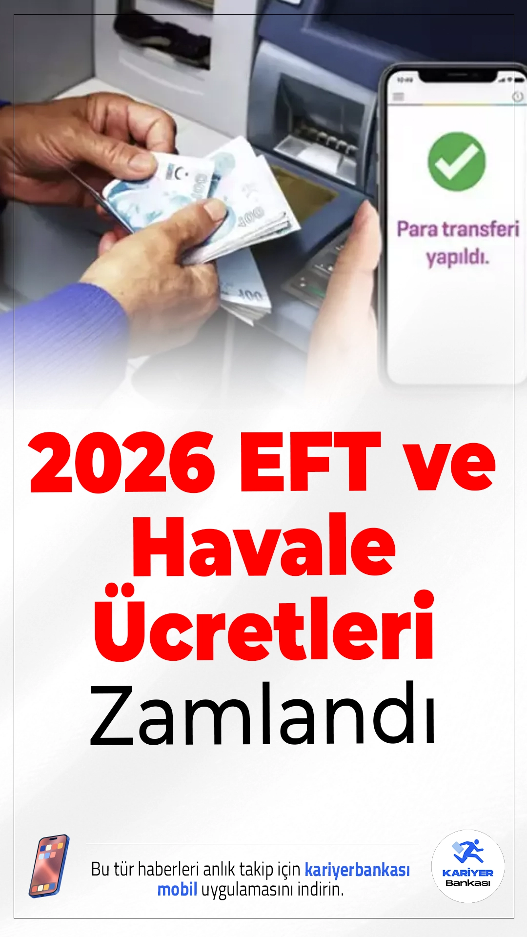 2026 Yılı EFT ve Havale Ücretleri Zamlandı.Bankaların para transfer işlemlerinden aldığı EFT ve havale ücretleri 2026 yılı itibarıyla yeniden belirlendi. TÜİK’in açıkladığı enflasyon oranı doğrultusunda komisyonlara %30,9 oranında artış yansıtıldı.