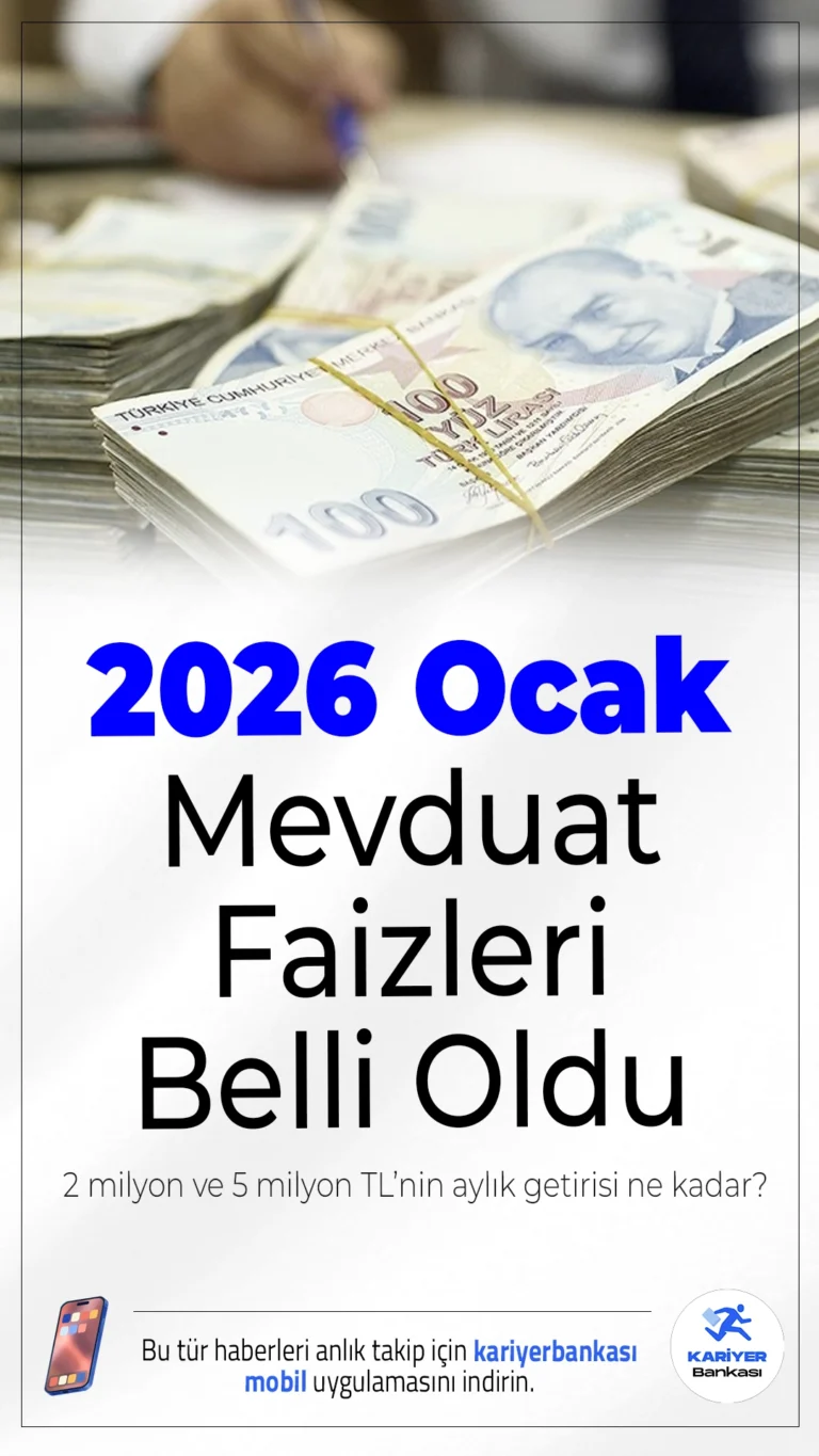 2026 Yılı Ocak Ayı Mevduat Faizleri Açıklandı: 2 Milyon ve 5 Milyon TL’nin Aylık Getirisi Ne Kadar?Merkez Bankası’nın faiz indirimi sonrası bankalar mevduat faiz oranlarını yeniden düzenledi. Yeni yılın ilk ayında 2 ve 5 milyon TL gibi yüksek tutarlardaki yatırımların 32 günlük vadedeki net kazançları dikkat çekici seviyelere ulaştı.