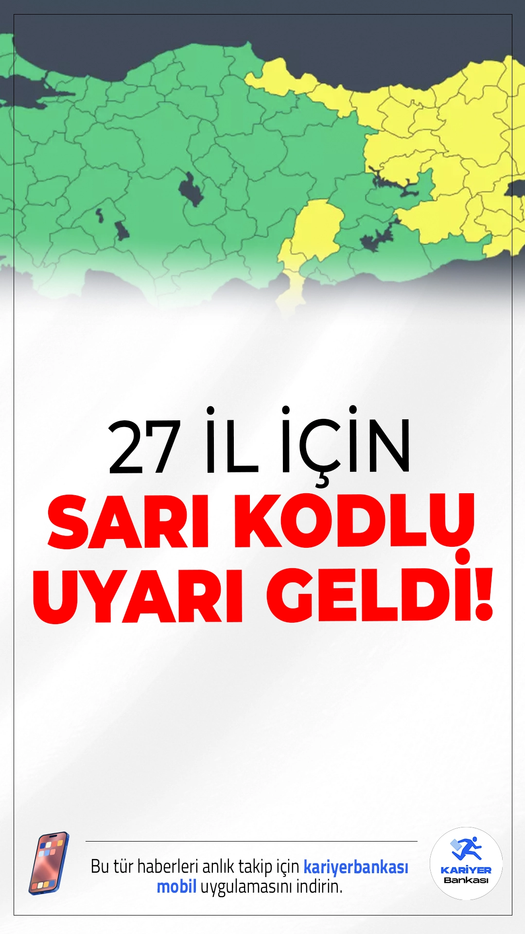 Meteoroloji'den 27 İl İçin Sarı Kodlu Uyarı Geldi.Meteoroloji, 27 ilde beklenen sağanak, kar yağışı, fırtına ve çığ tehlikesi nedeniyle sarı kodlu uyarı yayımladı. Sıcaklıklar düşerken, hava şartlarına karşı dikkatli olunması istendi.