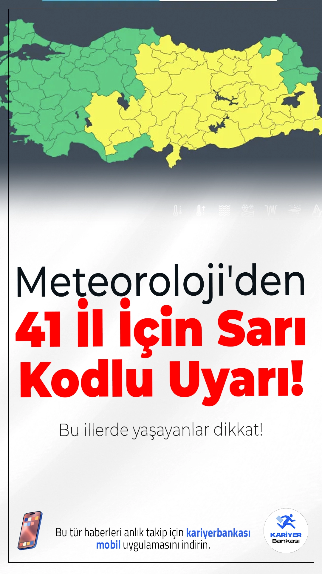 Meteoroloji'den 41 İl İçin Sarı Kodlu Uyarı!12 Ocak 2026 Pazartesi günü, Türkiye genelinde kar yağışı ve sağanaklar etkisini artırıyor. 41 il için Meteoroloji Genel Müdürlüğü sarı kodlu uyarı yayımladı. Kuvvetli rüzgar, çığ tehlikesi, buzlanma ve fırtınaya karşı dikkatli olunması istendi.