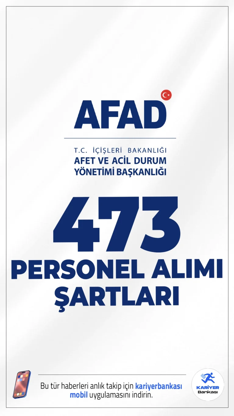 AFAD 473 Personel Alımı Başvuru Şartları.Afet ve Acil Durum Yönetimi Başkanlığı (AFAD) personel alımı başvuruları sürüyor. İlgili alım duyurusuna göre, AFAD'a koruma ve güvenlik görevlisi, şoför, destek personeli(temizlik), avukat, mühendis, sosyal çalışmacı, veteriner hekim, büro personeli, diğer sağlık personeli ve teknisyen ünvanlarında sözleşmeli personel alımı yapılacak.İllere göre kontenjanlar, şartlar ve diğer detaylar haberimizde.