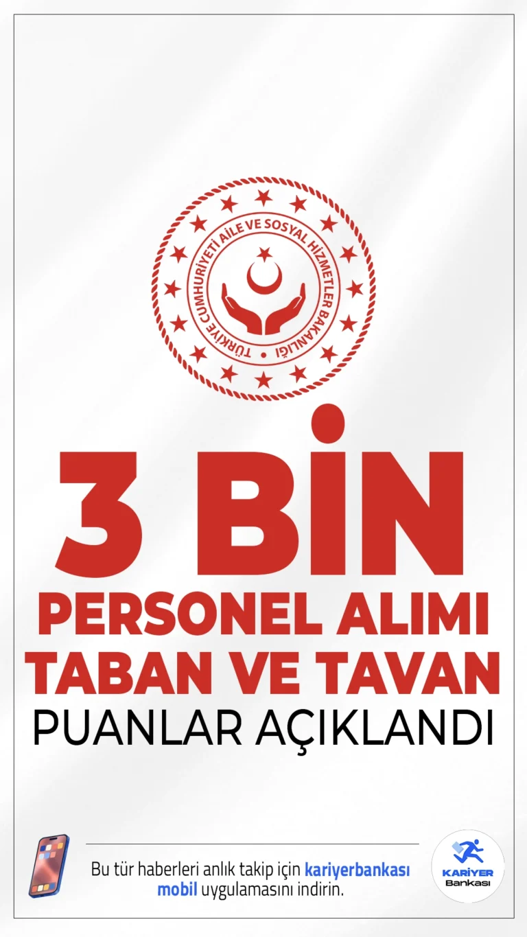 Aile Bakanlığı 3 Bin Personel Alımı Taban Puanları Açıklandı.Aile ve Sosyal Hizmetler Bakanlığı, 2025 yılı kapsamında gerçekleştirdiği 3.000 sözleşmeli personel alımı sürecini tamamladı. Başvurular, 15-26 Aralık 2025 tarihleri arasında Cumhurbaşkanlığı Kariyer Kapısı üzerinden alınmış, yerleştirme işlemleri sonrası birim bazında taban ve tavan puanlar da açıklandı.