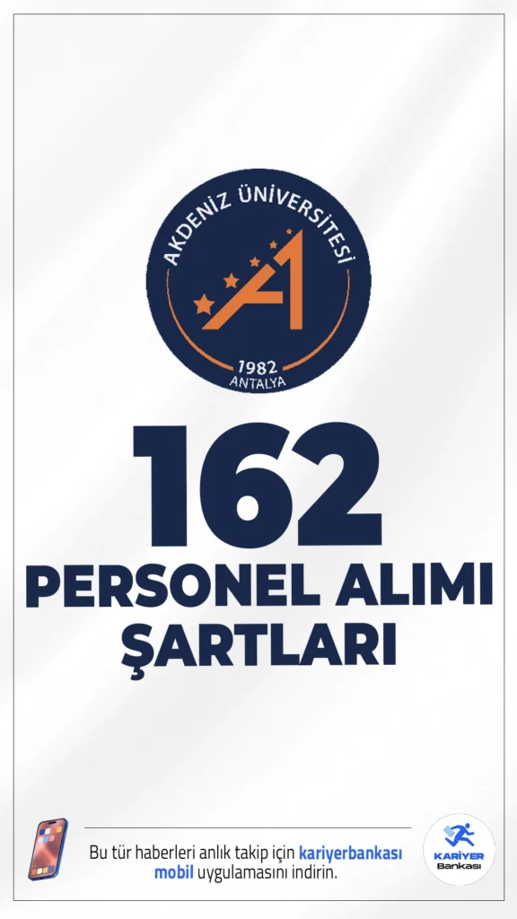 Akdeniz Üniversitesi 162 Personel Alımı Şartları.Akdeniz Üniversitesi personel alımı başvuruları sürüyor.Resmi Gazete'de yayımlanan duyuruya göre, alım yapılacak pozisyonlar sağlık, hizmet ve teknik birimlerini kapsıyor.Başvuru şartları ve kontenjan dağılımı dair detaylar haberimizde.