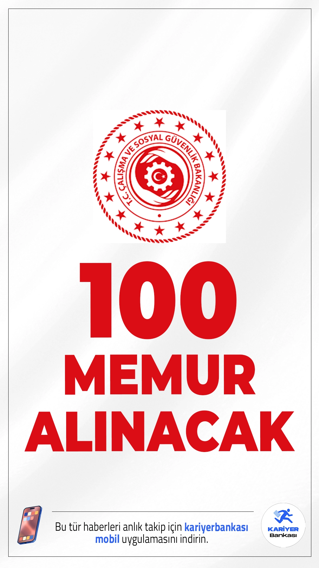 Çalışma Bakanlığı 100 Memur Alımı Başvurusu Başlıyor.Çalışma ve Sosyal Güvenlik Bakanlığı, 2026 yılı için toplam 100 memur alımı yapacak.Alımlar, iki farklı uzmanlık alanında gerçekleştirilecek. Başvurular 26 Ocak'ta başlıyor. Başvuru yapacak adayların genel ce özel şartları taşıması gerekmektedir.İşte şartlar ve başvuru bilgileri..