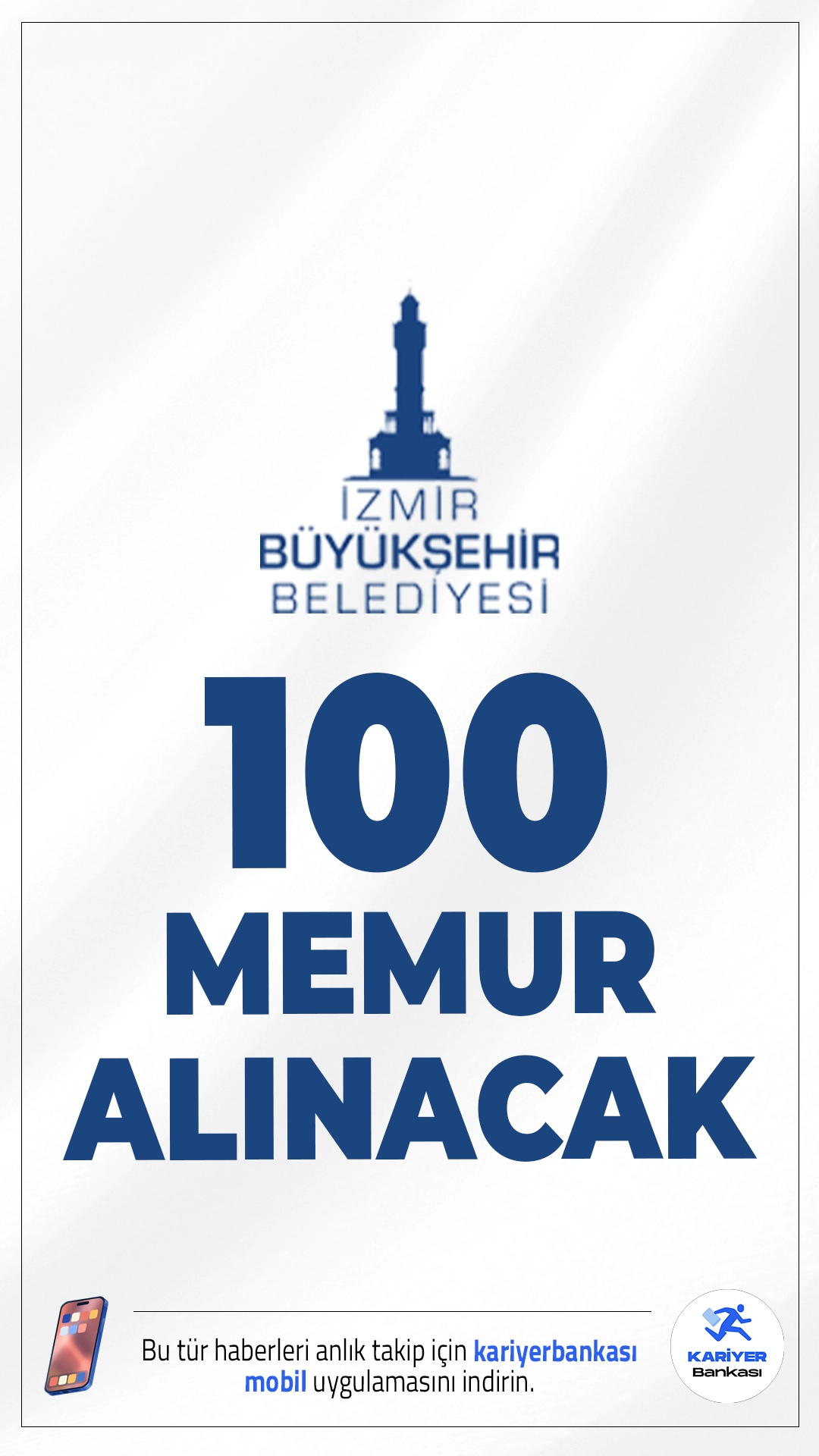 İzmir Büyükşehir Belediyesi 100 Memur Alımı Yapacak.İzmir Büyükşehir Belediyesi, kendi bünyesinde görevlendirmek üzere toplam 100 memur alımı gerçekleştirecek. Alımlar, 657 sayılı Devlet Memurları Kanunu kapsamında ve açıktan atama yöntemiyle yapılacak. Belediye İtfaiye Yönetmeliği esaslarına göre yapılacak alımda hem lisans, hem ön lisans, hem de ortaöğretim mezunlarına fırsat sunuluyor.
