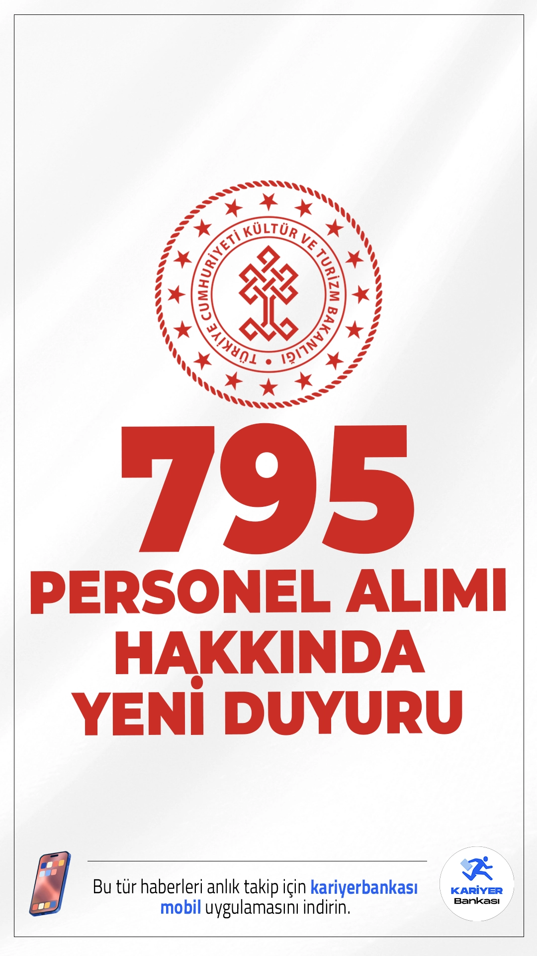 Kültür Bakanlığı 795 Personel Alımı Hakkında Yeni Duyuru. Kültür ve Turizm Bakanlığı sayfasından yayımlanan duyuruda, 24-25-27-28 Kasım 2025, 01-02-03 Aralık 2025 tarihleri arasında gerçekleştirilen KÜTÜPHANECİ sözlü sınav sonuçlarına adayların  https://kariyerkapisi.gov.tr/isealim adresinden ulaşabilecekleri aktarıldı.