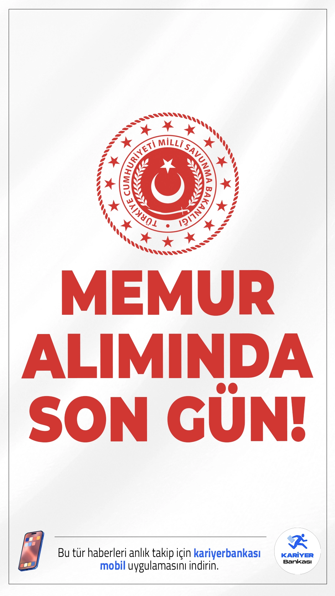 MSB 109 Memur Alımı Başvurularında Son Gün!Milli Savunma Bakanlığı (MSB),  Genelkurmay Başkanlığı, Kuvvet Komutanlıkları ve Milli Savunma Üniversitesi bünyesinde görevlendirilmek üzere 109 memur alımı başvuruları sürüyor. Başvuru yapacak adayların genel ve özel şartları taşıması gerekmektedir. Başvuru işlemleri bugün (25 Ocak 2026) tarihinde saat 23.59'da sona erecek. Başvuru şartları ve kontenjanlar Kariyerbankasi.net'te.