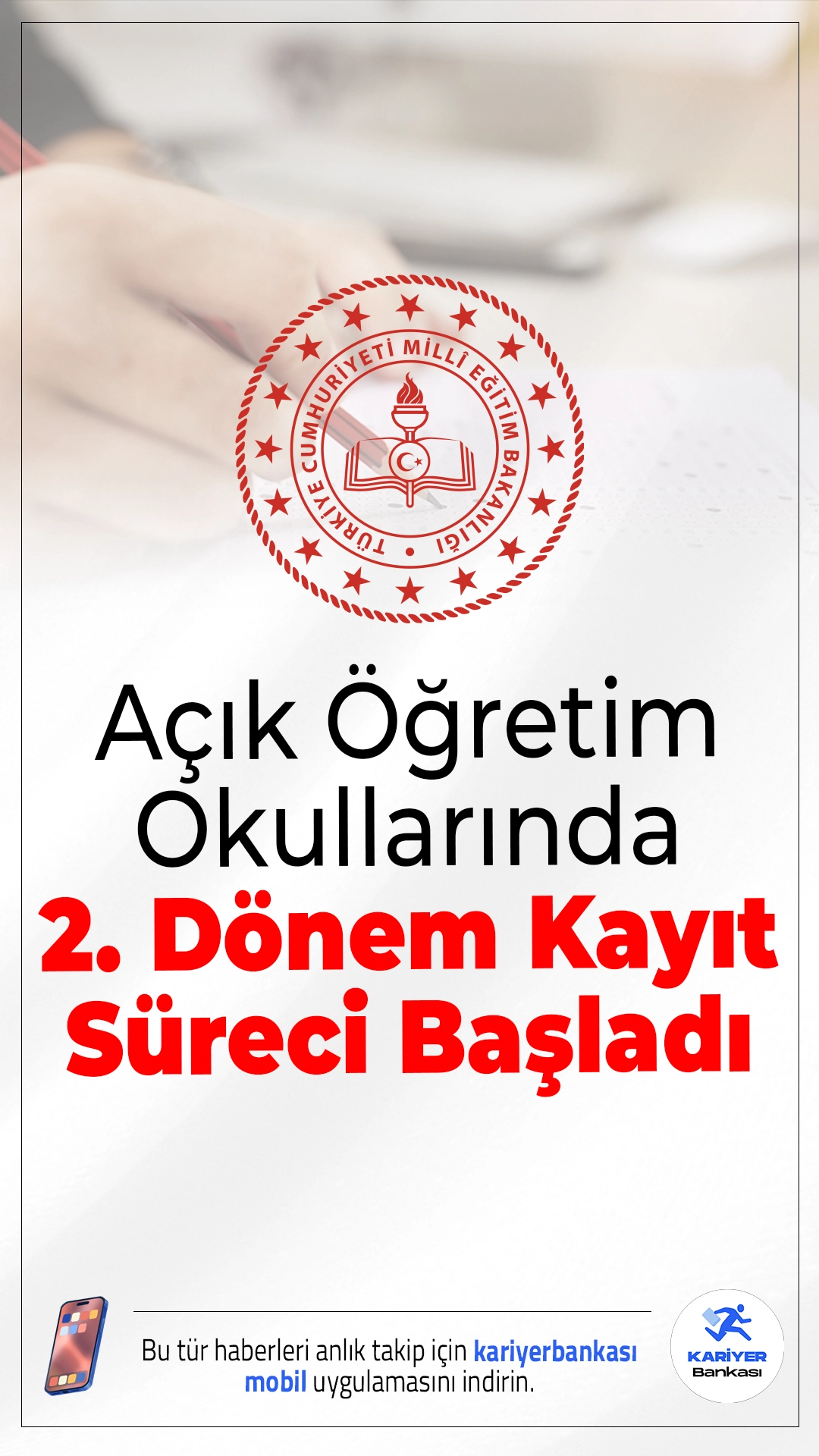 Açık Öğretim Okullarında 2. Dönem Kayıt Süreci Başladı.2025-2026 eğitim öğretim yılı için Açık Öğretim Okulları 2. dönem yeni kayıt ve kayıt yenileme işlemleri başladı. Başvuru ve sınav tarihleriyle ilgili tüm ayrıntılar belli oldu.