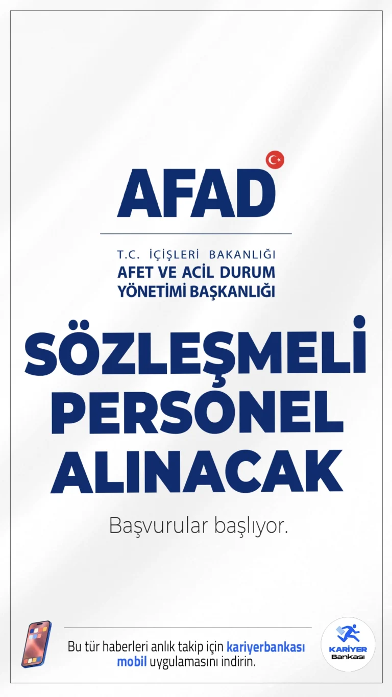 AFAD 473 Personel Alımı Başvuruları Başlıyor.Afet ve Acil Durum Yönetimi Başkanlığı (AFAD), merkez ve taşra teşkilatında görevlendirilmek üzere 473 personel alımı yapacak. Resmi Gazete'de yayımlanan duyuruya göre AFAD'a koruma ve güvenlik görevlisi, şoför, destek personeli(temizlik), avukat, mühendis, sosyal çalışmacı, veteriner hekim, büro personeli, diğer sağlık personeli ve teknisyen ünvanlarda sözleşmeli personel alımı başvuruları 5 Ocak 2026 tarihinde başlıyor. Başvuru şartları ve illere göre kontenjanlar haberimizde.