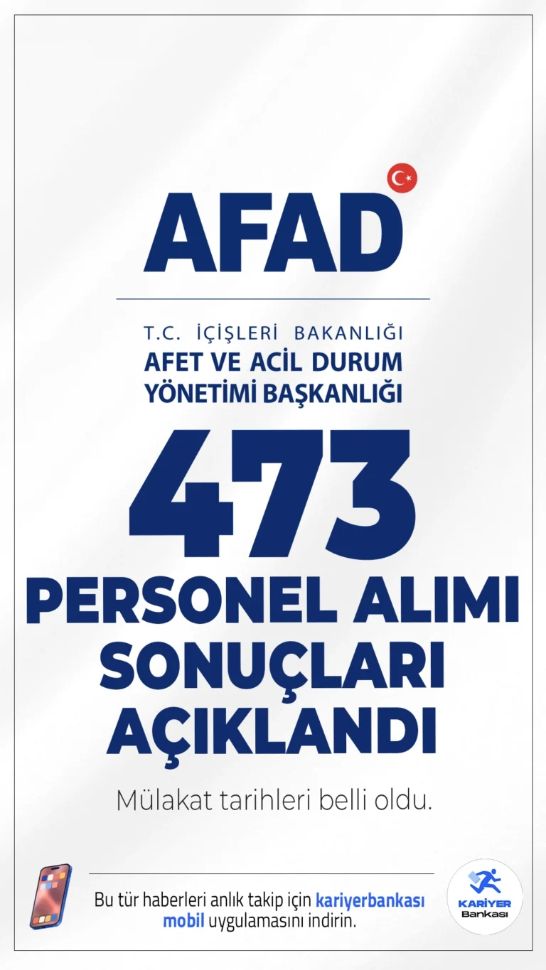 AFAD 473 Personel Alımı Sonuçları Açıklandı! Mülakat Tarihi Belli Oldu.Afet ve Acil Durum Yönetimi Başkanlığı sayfasından yayımlanan duyuruda, 473 personel alımı kapsamında kesin başvuru sonuçlarının açıklandığı ve sözlü sınava katılmaya hak kazanan adaylarının belirlendiği aktarıldı.