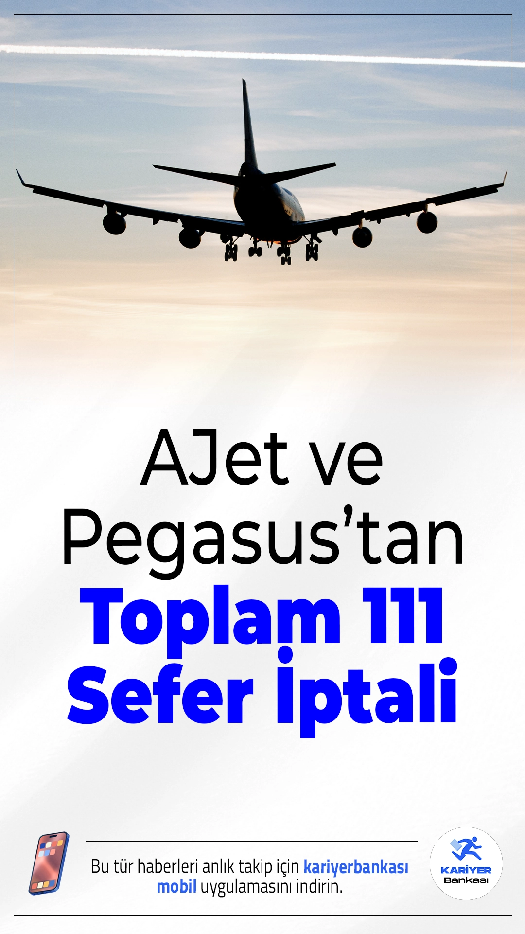 AJet ve Pegasus’tan Toplam 111 Sefer İptali.Olumsuz hava koşulları, İstanbul Sabiha Gökçen Havalimanı'ndaki hava trafiğini etkiledi. 18-19 Ocak 2026 tarihlerinde AJet ve Pegasus Hava Yolları, toplam 111 seferini iptal etti. Meteorolojik Acil Durum Komitesi'nin kararı doğrultusunda uygulanan kısıtlama nedeniyle iptallerin artabileceği belirtiliyor.