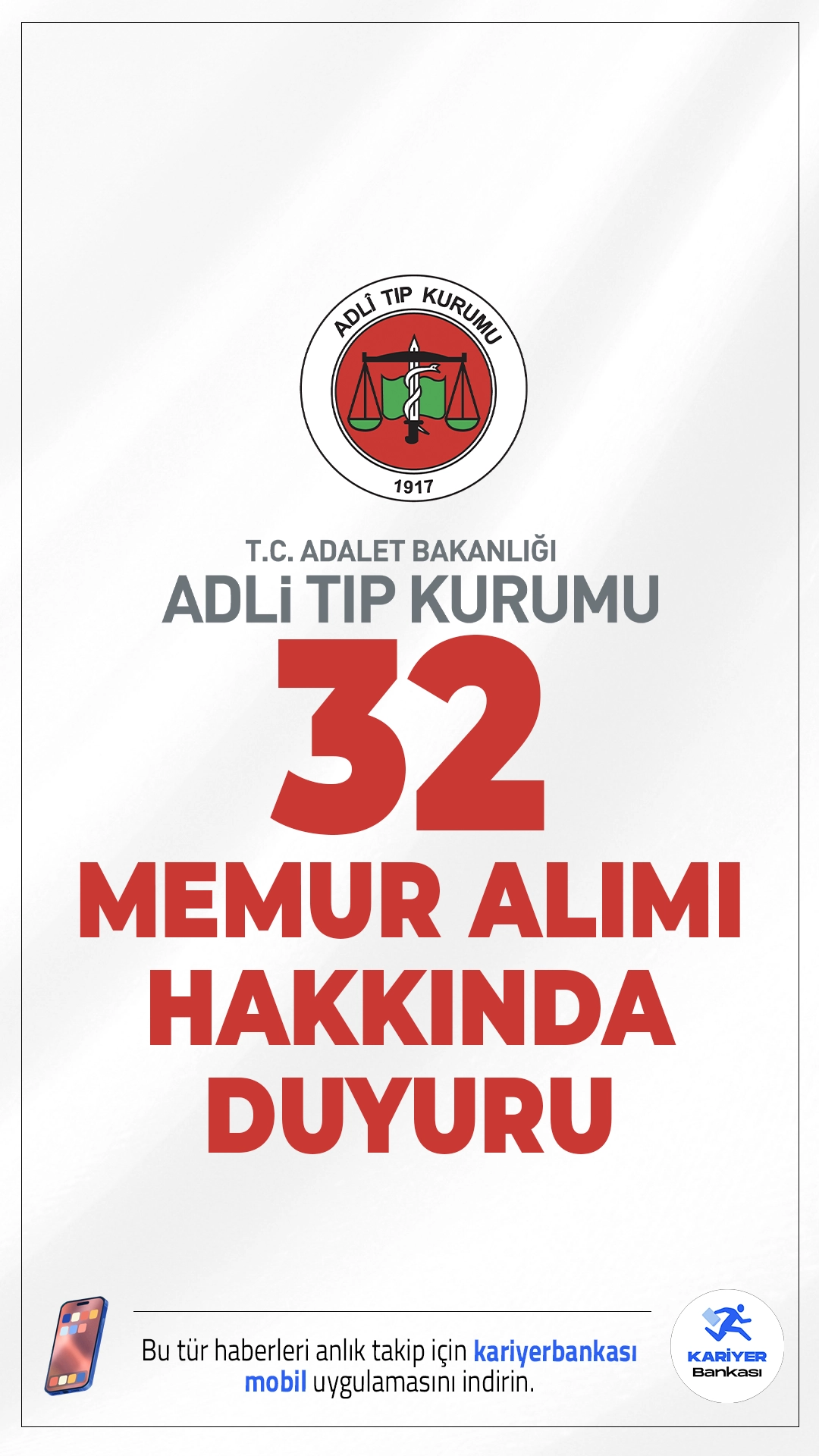 ATK 32 Memur Alımı Hakkında Duyuru Geldi. Adli Tıp Kurumu sayfasından yayımlanan duyuruda, başvuruları 24 Aralık 2025 – 06 Ocak 2026 tarihleri arasında alından 32 memur alımı kapsamında başvuru sonuçlarının açıklandığı aktarıldı.