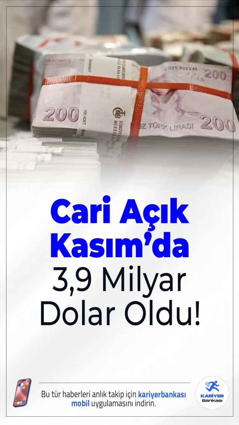 Cari Açık Kasım’da 3,9 Milyar Dolar Oldu! TCMB’nin açıkladığı ödemeler dengesi verilerine göre Türkiye'nin Kasım 2025'te cari işlemler açığı 3 milyar 996 milyon dolar oldu. Ancak altın ve enerji hariç cari denge aynı dönemde 2 milyar 132 milyon dolar fazla verdi.
