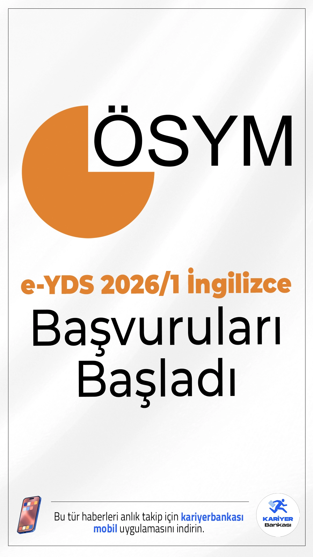 e-YDS 2026/1 İngilizce Başvuruları Başladı.ÖSYM, 24 Ocak 2026 tarihinde yapılacak olan Elektronik Yabancı Dil Sınavı (e-YDS 2026/1 İngilizce) için başvuruların başladığını duyurdu.