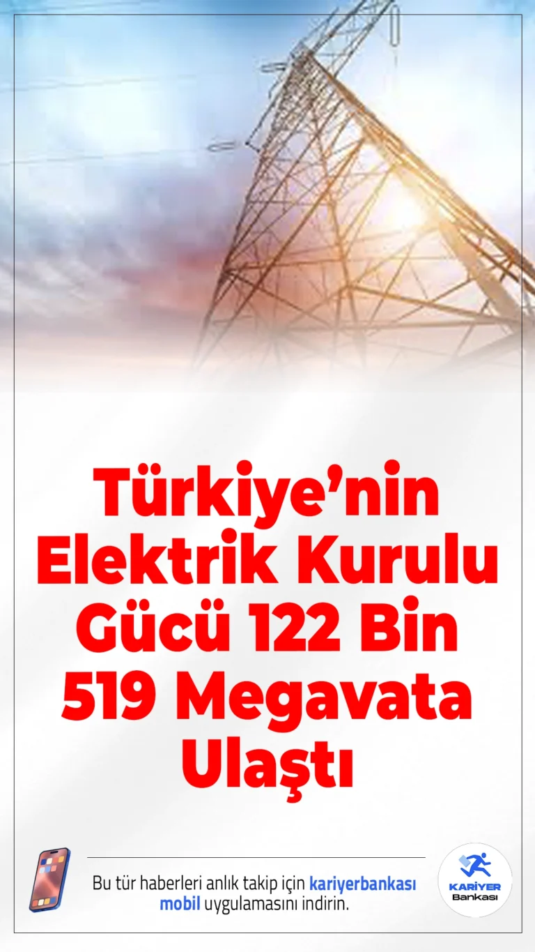 Türkiye’nin Elektrik Kurulu Gücü 122 Bin 519 Megavata Ulaştı.2025 sonunda Türkiye’nin elektrik üretim kapasitesi 122 bin 519 megavata yükseldi. Kurulu gücün yüzde 62,3’ü yenilenebilir kaynaklardan oluşuyor.