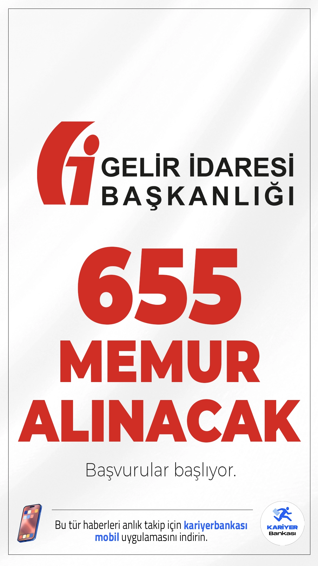 GİB 655 Memur Alımı Başvuruları Başlıyor.Gelir İdaresi Başkanlığı (GİB), İstanbul iline atanmak üzere 655 memur alımı yapacak. Adayların yazılı sınava katılmaya hak kazanması, KPSS (A) puan türlerinden en az 65 puan almış olmaları ve yapılan sıralamaya göre kontenjanın 5 katı kadar aday arasına girmeleriyle mümkün olacak.Başvurular 14 Ocak 2026 tarihinde başlıyor. Başvuru şartları ve diğer detaylar bu haberimizde.