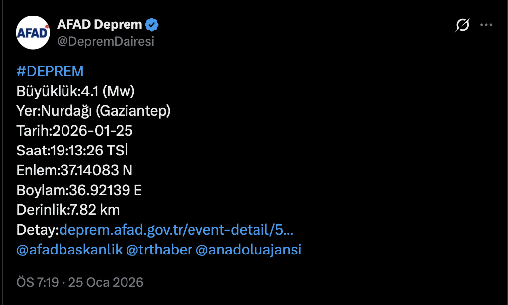 Gaziantep'te 4.1 Büyüklüğünde Deprem Oldu