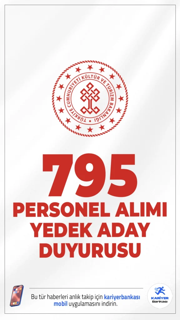 Kültür Bakanlığı 795 Personel Alımı Yedek Adayları Hakkında Duyuru.Kültür ve Turizm Bakanlığı sayfasından yayımlanan duyuruya göre, başvuruları 25.08.2025-08.09.2025 tarihleri arasında alınan 795 personel alımı kapsamında atamaya esas belgelerini teslim etmeyen, feragat eden ve kriterleri tutmayan adayların yerine YEDEK ADAYLARIN listesi açıklandı.