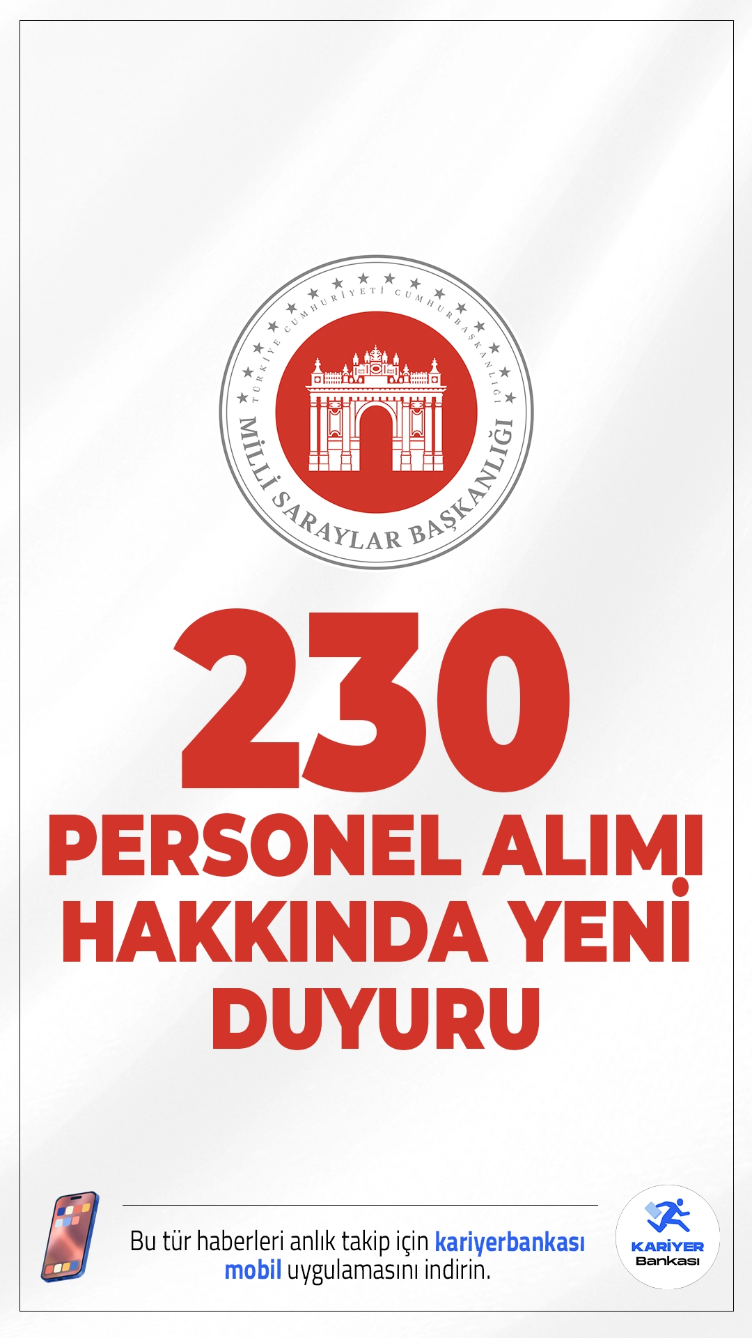 Milli Saraylar İdaresi 230 Personel Alımı Mülakat Sonuçları Açıklandı.Milli Saraylar İdaresi sayfasından yayımlana duyuruda, 163 Sözleşmeli Personel İle 67 Sürekli İşçi Alımı alımı olmak üzere toplam 230 personel alımı kapsamında, Halı Dokuma Ustası, Motif Taş Ustası, Porselen İmal Ustası, Saray Bahçeleri Ustası (Bahçıvan), Sıhhi Tesisat Ustası, Diz İşçi (İnşaat Boyacısı), Düz İşçi (İnşaat İşçisi), Düz İşçi (İskele Kurulum Elemanı), Porselen Hammadde Ustası, Düz İşçi (Çatı Kaplama ve Uygulama İşçisi) ve Düz İşçi (Seramik Karo Kaplamacısı), Düz İşçi (Sıvacı) sürekli işçi kadroları için 09-14-15 Ocak 2026 tarihlerinde yapılan mülakat sınavı sonuçlarının açıklandığı aktarıldı.