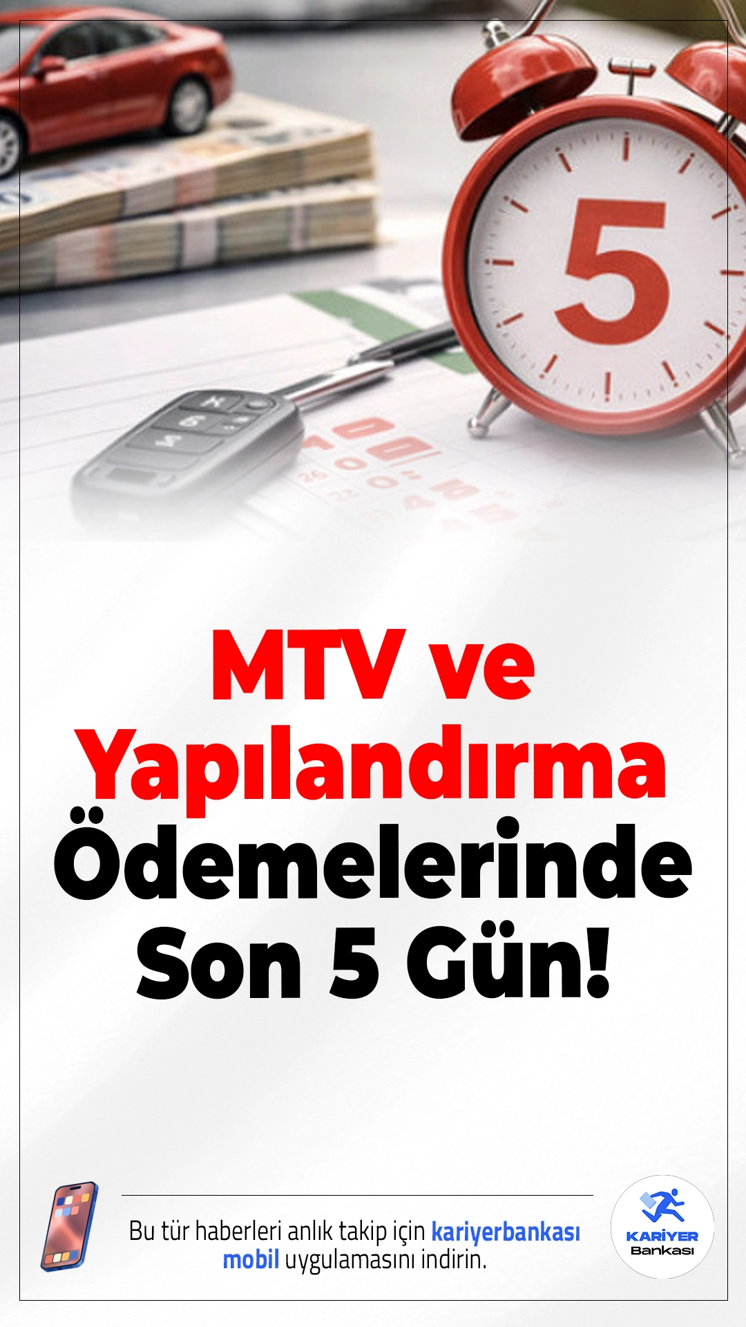 MTV ve Yapılandırma Ödemelerinde Son 5 Gün!Motorlu Taşıtlar Vergisi ve yapılandırma taksitlerinin ödeme süresi 2 Şubat 2026 Pazartesi günü sona eriyor. Süre uzatılmadı, cezalı duruma düşmemek için ödemeleri zamanında yapın.