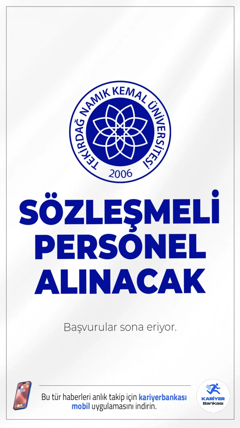 NKÜ 100 Personel Alımı Sona Eriyor.Tekirdağ Namık Kemal Üniversitesi (NKÜ),personel alımı başvuruları bugün (12 Ocak 2026) sona eriyor.Resmi Gazete'de yayımlanan duyuruda alımların, KPSS (B) grubu puan sıralaması esas alınarak gerçekleştirileceği aktarıldı.Başvuru yapacak adayların genel şartların aynı sıra, özel şartlarıda dikkatle incelemesi gerekmektedir.Ünvanlar ve kontenjanlar bu haberimizde.