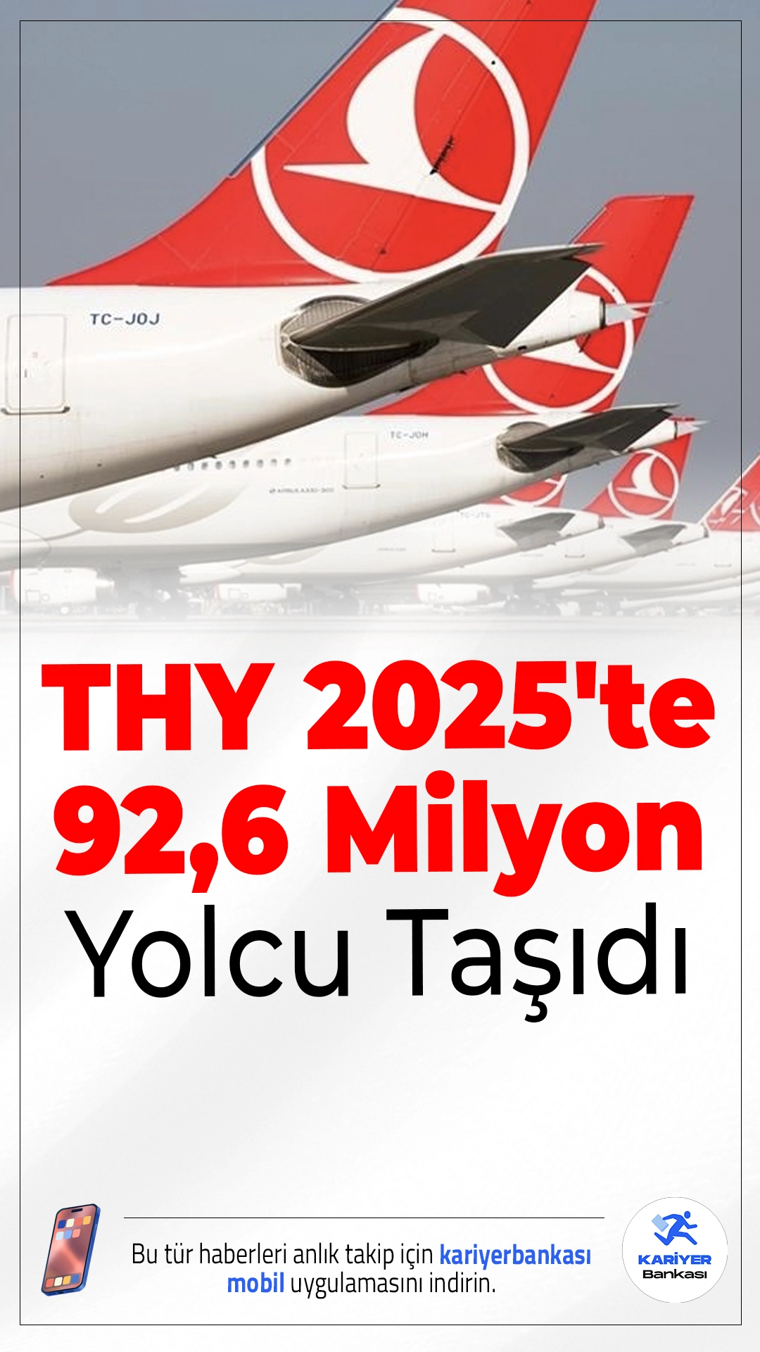 THY 2025'te 92,6 Milyon Yolcu Taşıdı.Türk Hava Yolları (THY), 2025 yılında hem yolcu hem de kargo taşımacılığında önemli bir artış kaydetti. Yıllık yolcu sayısı 92,6 milyona ulaşırken, doluluk oranı %83,2 oldu.