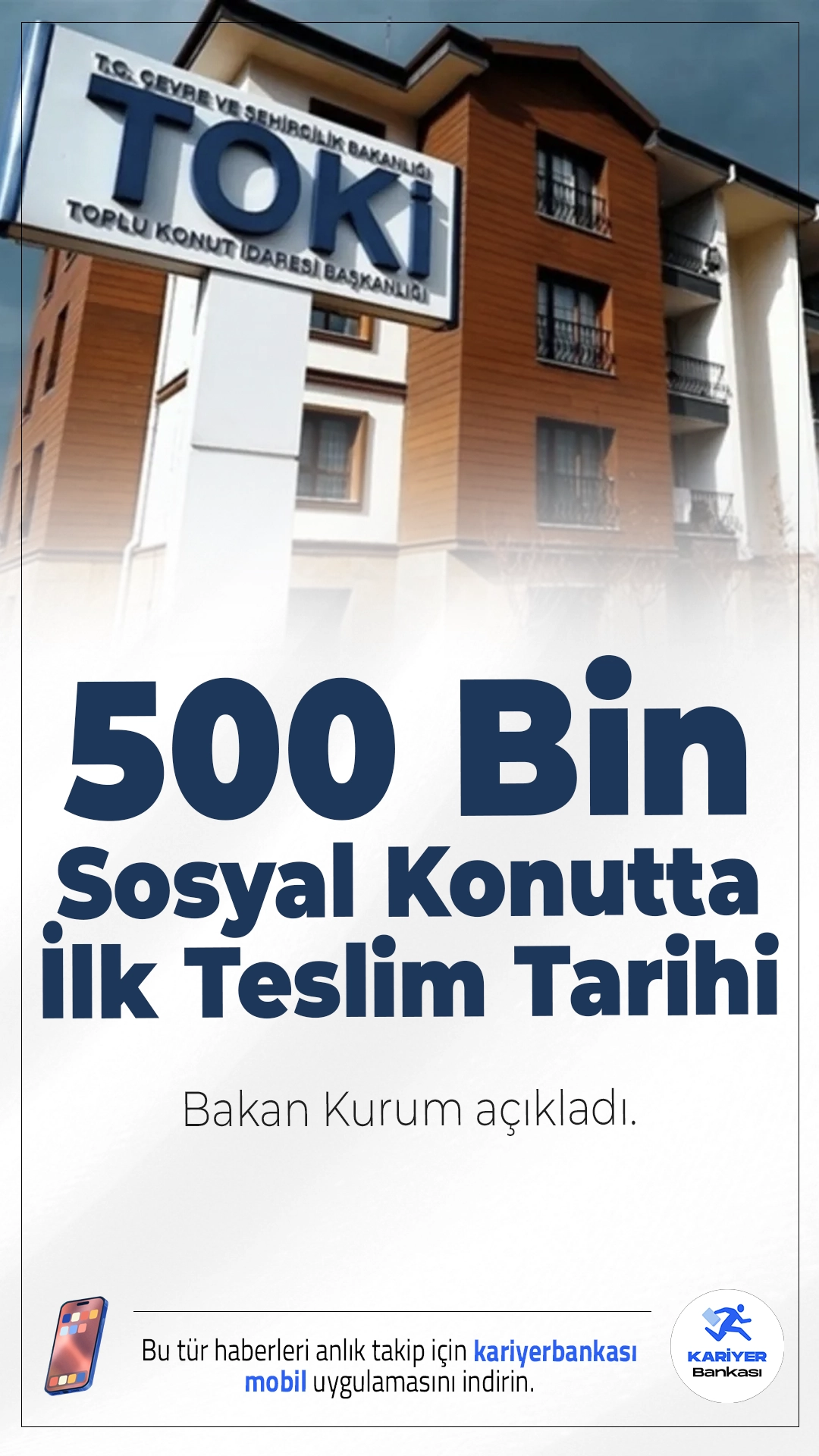 500 Bin Sosyal Konut Projesi'nde İlk Teslim Tarihi Açıklandı.Çevre, Şehircilik ve İklim Değişikliği Bakanı Murat Kurum, “Yüzyılın Konut Projesi” kapsamında inşa edilecek 500 bin sosyal konutun ilk teslimatlarının Mart 2027'de yapılacağını açıkladı. Antalya’da düzenlenen kura çekim töreninde konuşan Kurum, projeyle sadece konut değil, mahalle kültürünü de yeniden canlandıracaklarını belirtti.