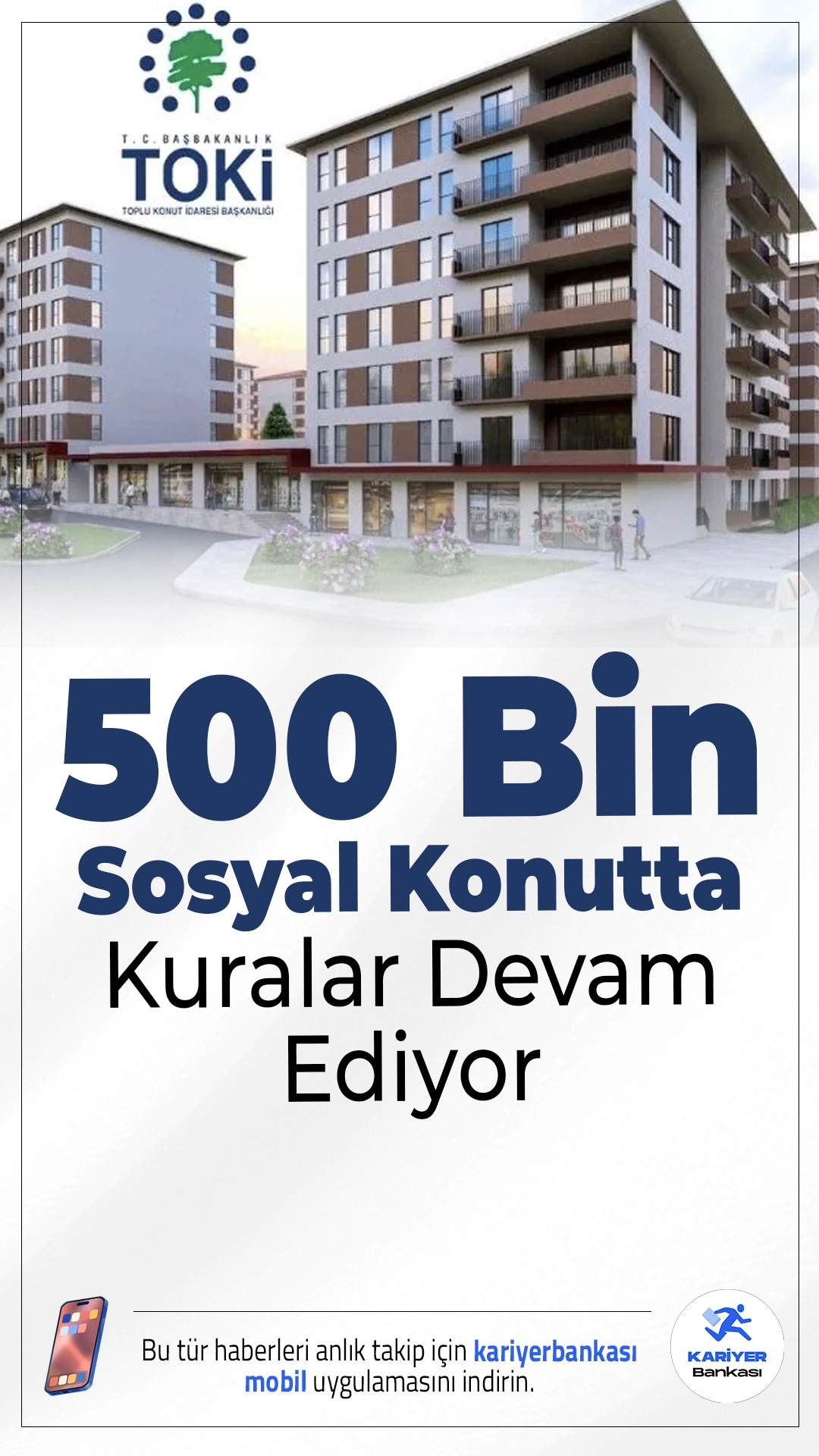 TOKİ 500 Bin Sosyal Konutta Kuralar Devam Ediyor.500 bin sosyal konutun inşa edileceği dev projede kura çekimleri başladı. Adıyaman'da başlayan süreç, 27 Şubat’a kadar 81 ilde devam edecek.