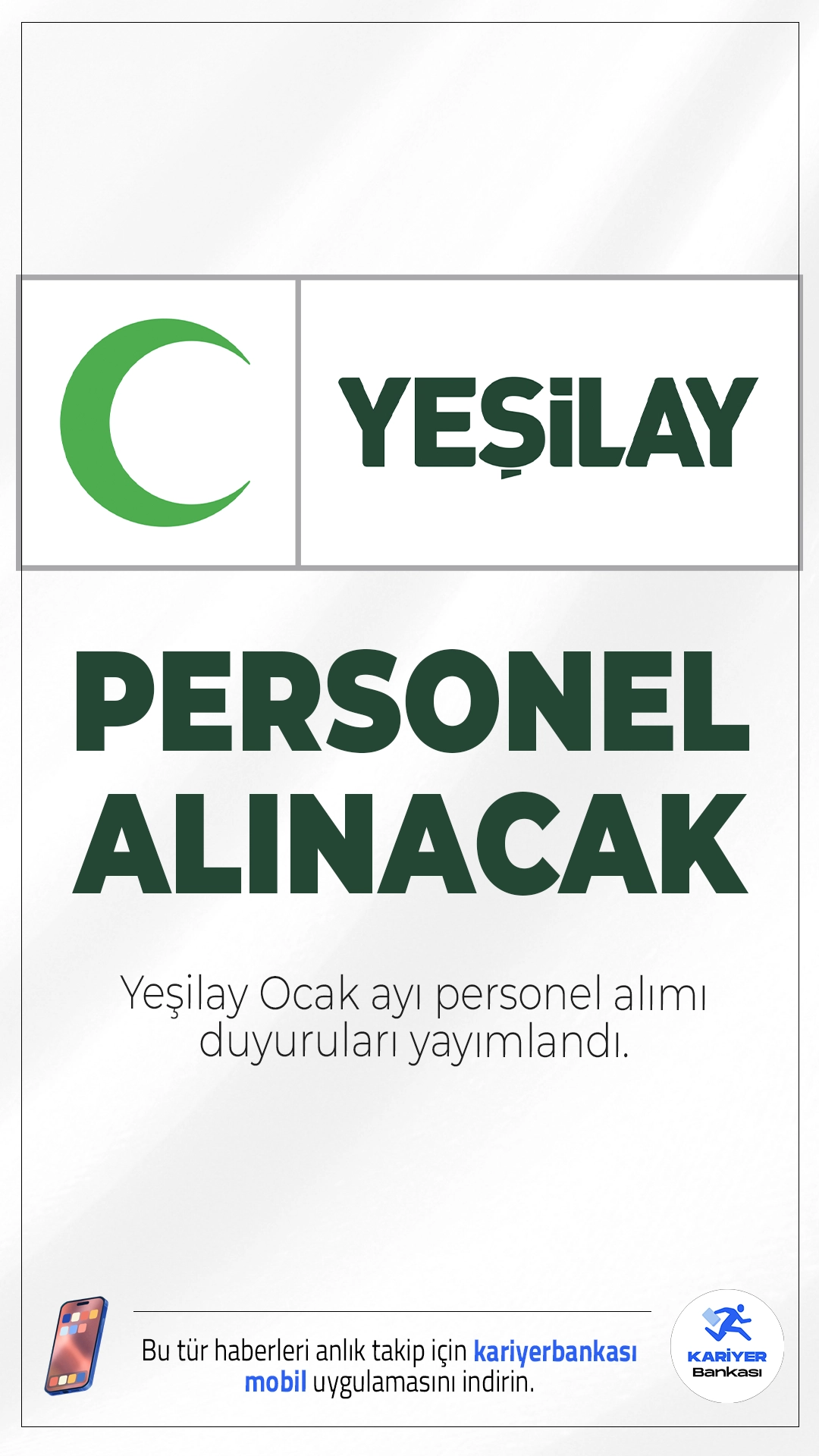 Yeşilay Ocak 2026 Personel Alımı Duyuruları Yayımlandı.Yeşilay, 2026 yılına personel alımıyla başladı. Birçok şehirde çeşitli pozisyonlar için en az lise mezunu adaylar arasından yeni personeller alınacak.