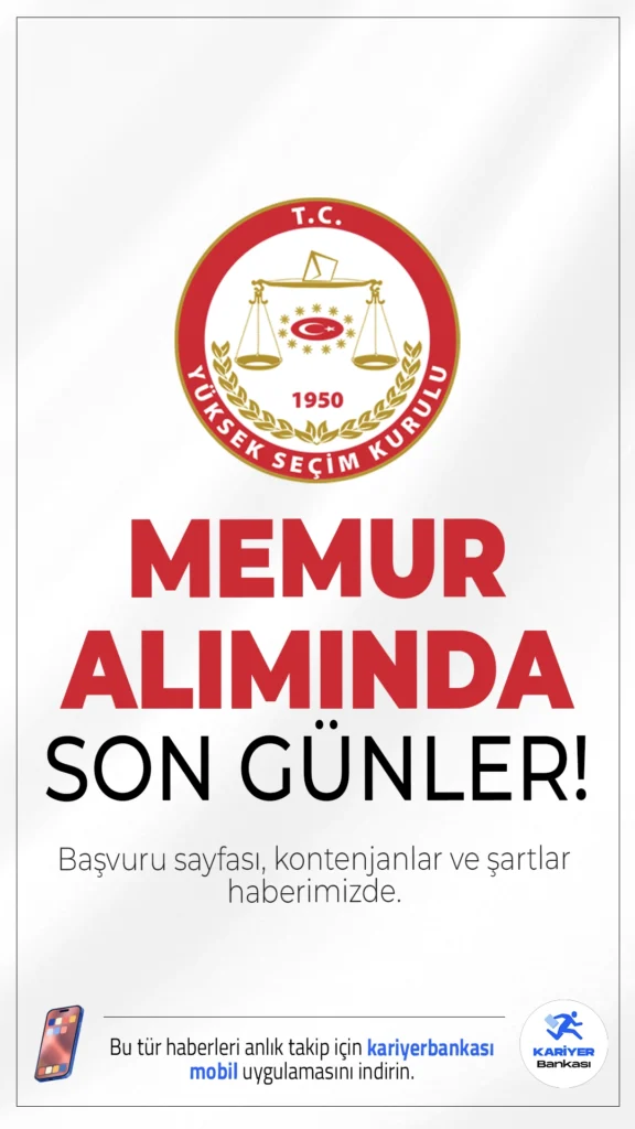 YSK 135 Memur Alımı Başvurularında Son Günler.Yüksek Seçim Kurulu (YSK) memur alımı başvurularında son günlere girildi. İlgili alım duyurusunda, YSK'nın merkez teşkilatı ve taşra teşkilatına sekreter, bekçi, zabıt katibi, hizmetli ve şoför ünvanlarında memur alımı yapılacağı aktarılırken, başvuruların 25 Ocak 2026 tarihinde sona ereceği kaydedildi. Başvuru yapacak adayların genel ve özel şartları taşıması gerekmektedir.Başvuru şartları ve kontenjanlar haberimizde.