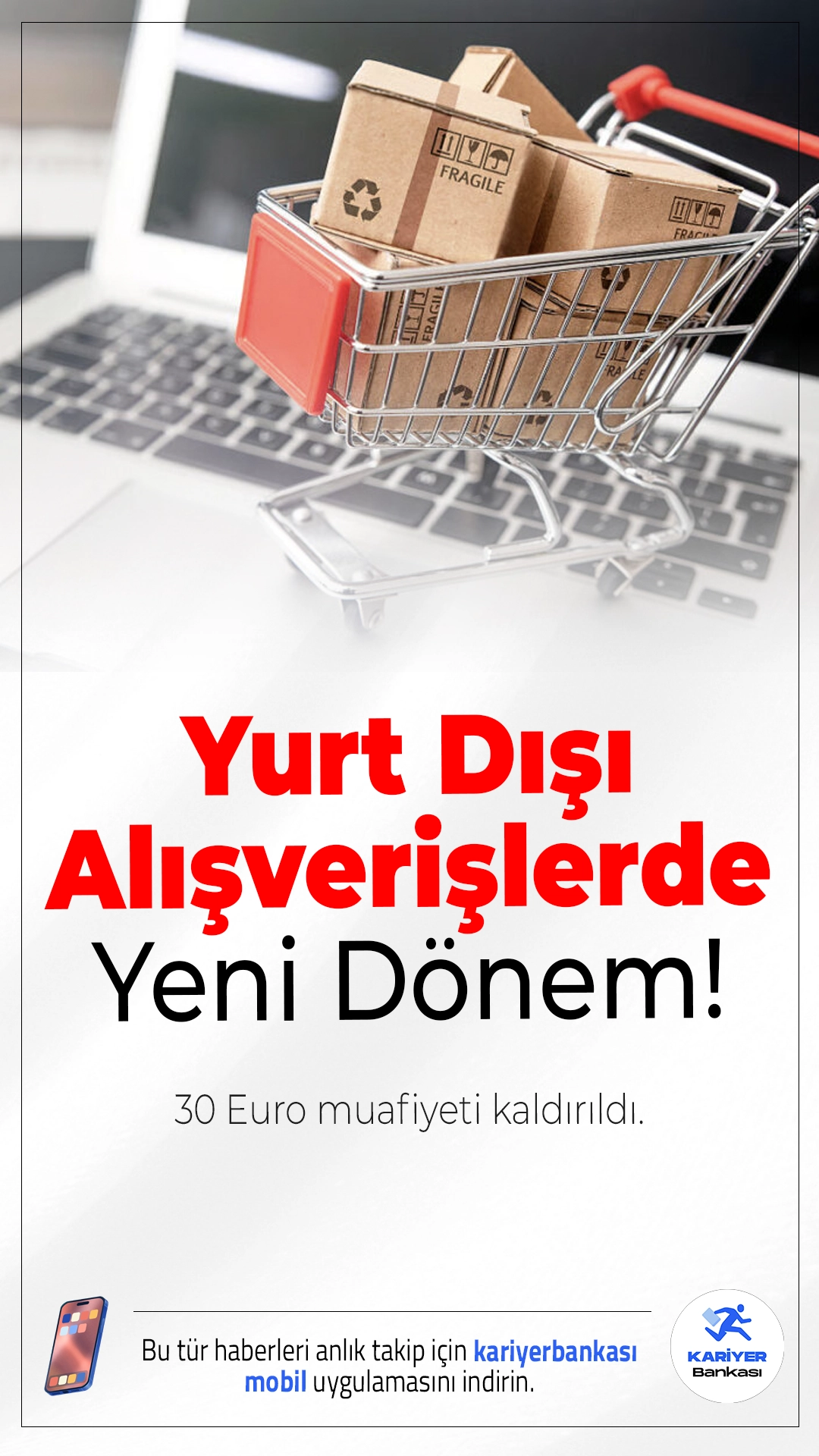 Yurt Dışı Alışverişlerde Yeni Dönem: 30 Euro Muafiyeti Kaldırıldı!6 Şubat 2026 itibarıyla internetten yurt dışından yapılan tüm alışverişler gümrük vergisine tabi olacak. Resmi Gazete’de yayımlanan Cumhurbaşkanlığı kararıyla, daha önce uygulanan 30 Euro’luk vergi muafiyeti tamamen kaldırıldı.