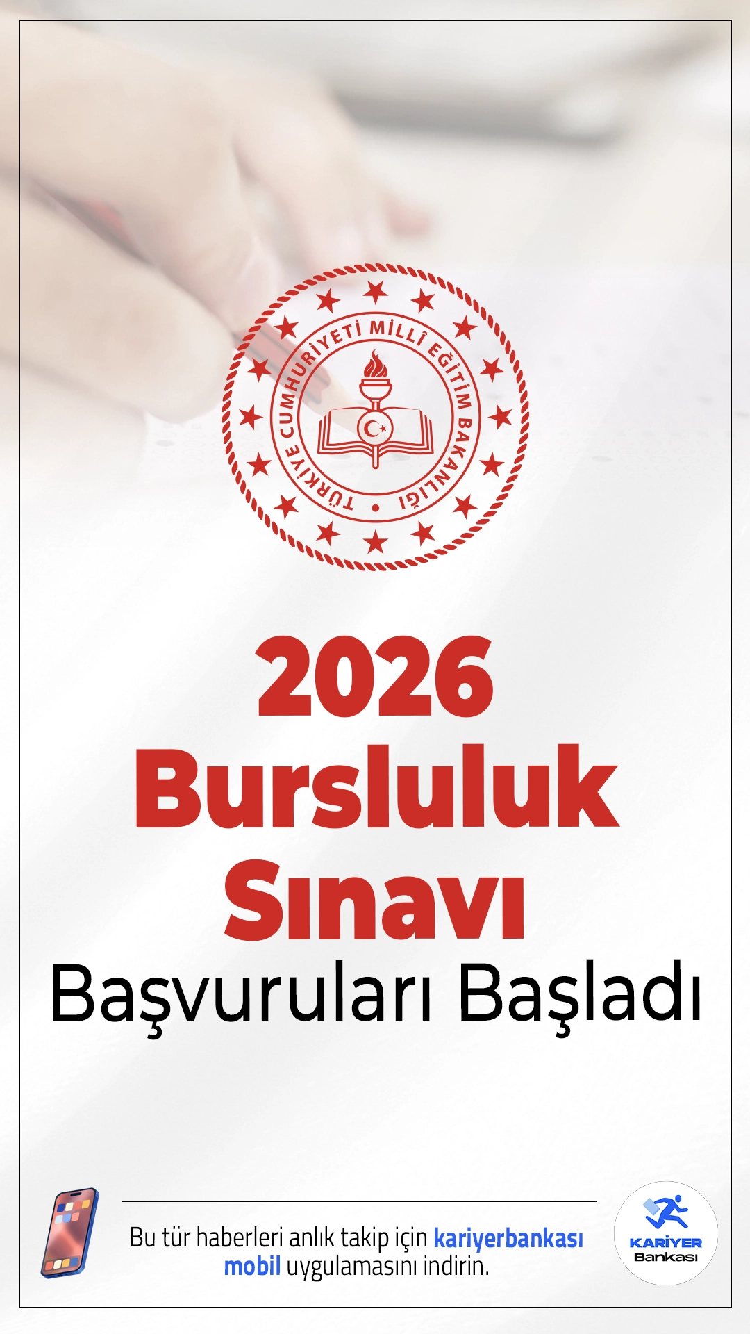 2026 Bursluluk Sınavı Başvuruları Başladı.Milli Eğitim Bakanlığı (MEB), 2026 yılı İlköğretim ve Ortaöğretim Kurumları Bursluluk Sınavı (İOKBS) için başvuru takvimini açıkladı. Maddi destek almak isteyen binlerce öğrencinin gözü bu sınavda. Sınav başvuruları 9 Şubat 2026 Pazartesi saat 10.00 itibarıyla başladı. Başvurular, 11 Mart 2026 Çarşamba saat 23.59’a kadar e-Okul üzerinden yapılabilecek.
