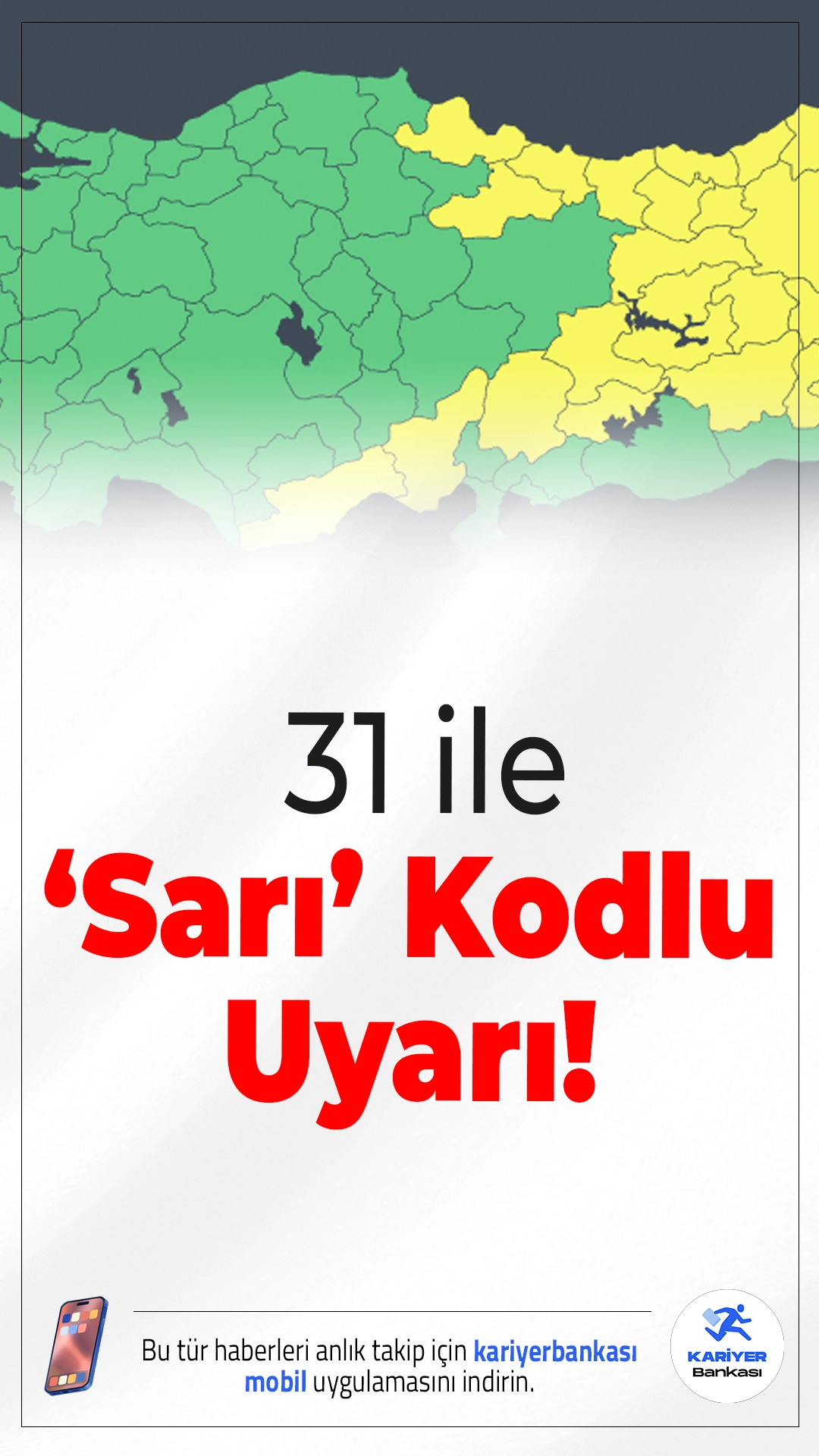 Meteoroloji’den 31 ile ‘Sarı’ Kodlu Uyarı!Meteoroloji Genel Müdürlüğü (MGM) tarafından yapılan son değerlendirmelere göre Türkiye genelinde soğuk ve yağışlı hava etkisini artırıyor. Özellikle doğu ve kuzey bölgelerde kuvvetli rüzgar, yoğun kar ve sağanak yağış nedeniyle 31 il için “sarı” kodlu uyarı yayımlandı.