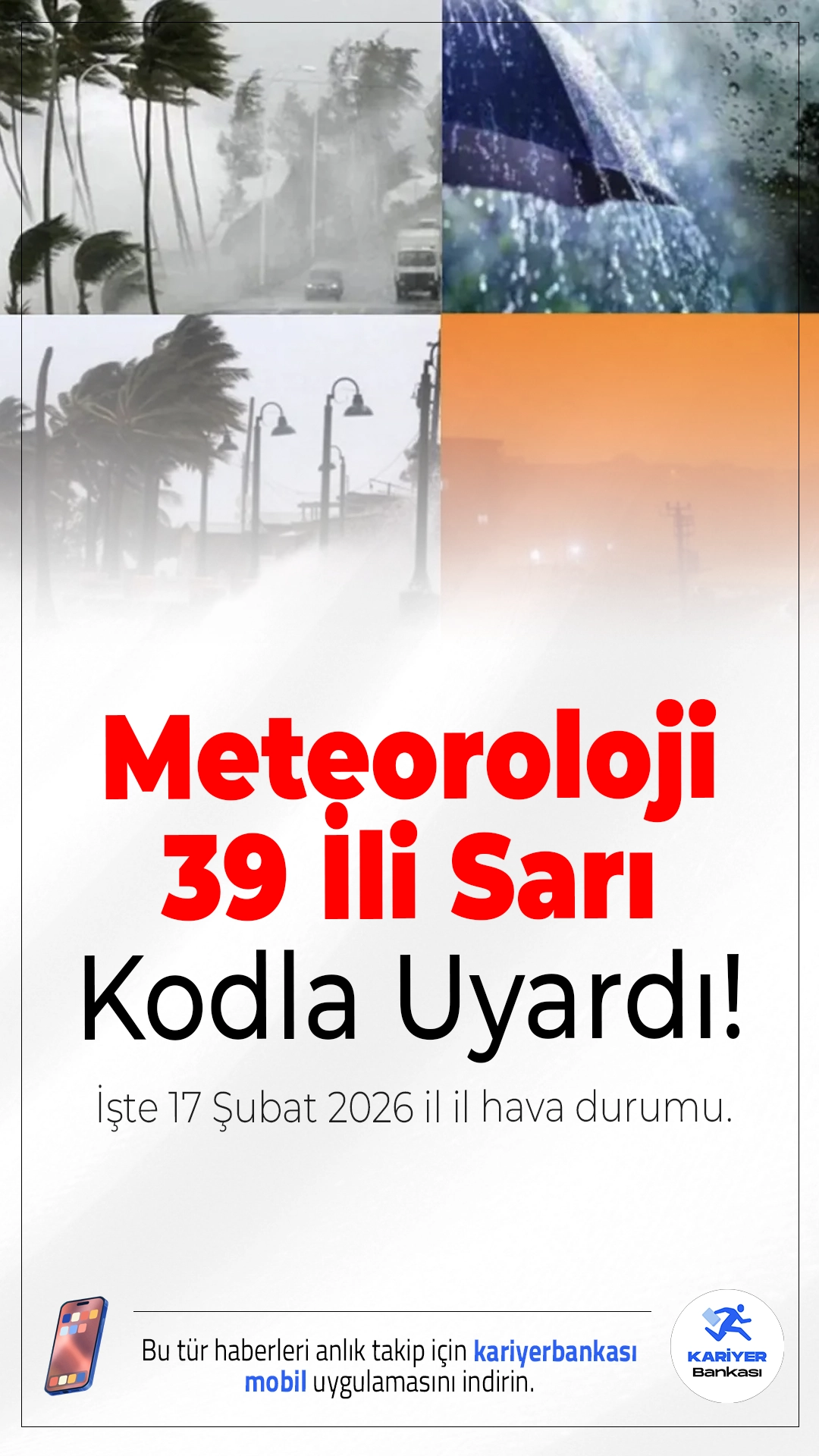 Meteoroloji 39 İli Sarı Kodla Uyardı! İşte 17 Şubat 2026 İl İl Hava Durumu.Meteoroloji’nin son tahminlerine göre 39 il için sarı kodlu uyarı verildi. Kuvvetli sağanak, fırtına, çığ ve toz taşınımına karşı dikkatli olunmalı.