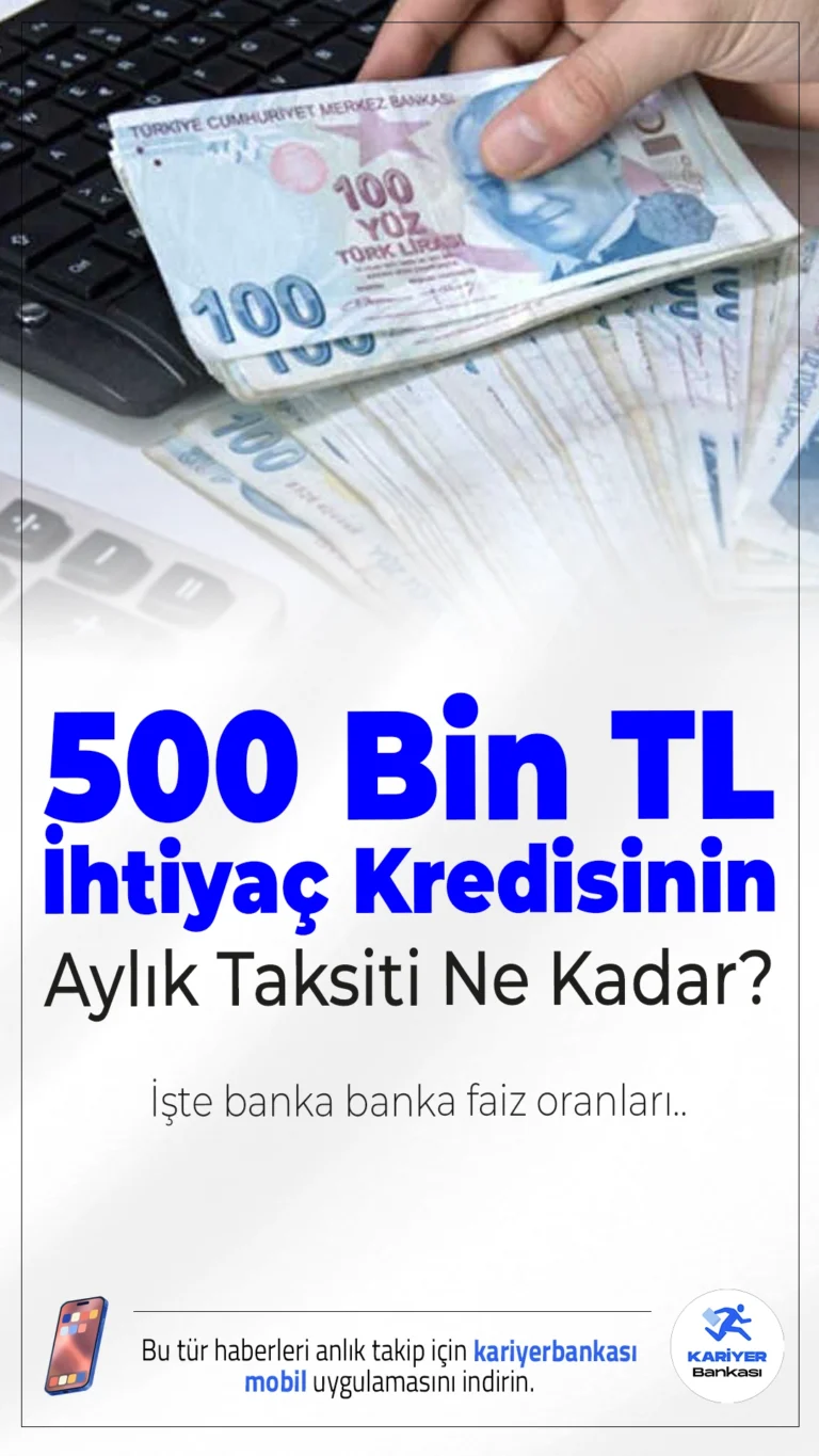 500 Bin TL İhtiyaç Kredisinin Aylık Taksiti Ne Kadar? İşte Banka Banka Faiz Oranları.Türkiye Cumhuriyet Merkez Bankası’nın son faiz indirimi sonrası ihtiyaç kredisi faiz oranları yeniden gündeme geldi. Nakit ihtiyacı olan vatandaşlar, 12 ay vadeli 500 bin TL kredi için hangi bankanın daha avantajlı teklif sunduğunu araştırıyor.