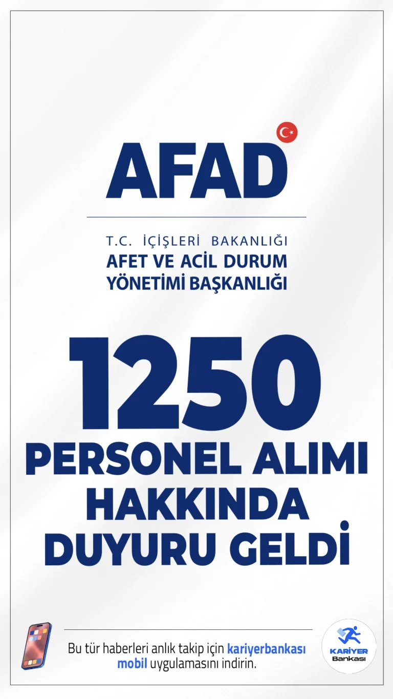 AFAD 1250 Personel Alımı Hakkında Duyuru Yayımlandı. Afet ve Acil Durum Yönetimi Başkanlığı (AFAD) sayfasından yayımlanan duyuruda, 26 Ocak - 13 Şubat 2026 tarihleri arasında Bursa, Diyarbakır, İzmir ve Samsun illerinde gerçekleştirilen uygulama sınavına ilişkin kesin olmayan sonuçlar adaylar tarafından Kariyer Kapısı (https://kariyerkapisi.gov.tr) üzerinden “Sınavlarım/Mülakatlarım” sekmesi altında görüntülenebilecekleri, söz konusu işleme ilişkin “Sınav/Mülakat Bilgileri Görüntüleme” kılavuzunun ekte yer aldığı belirtildi.
