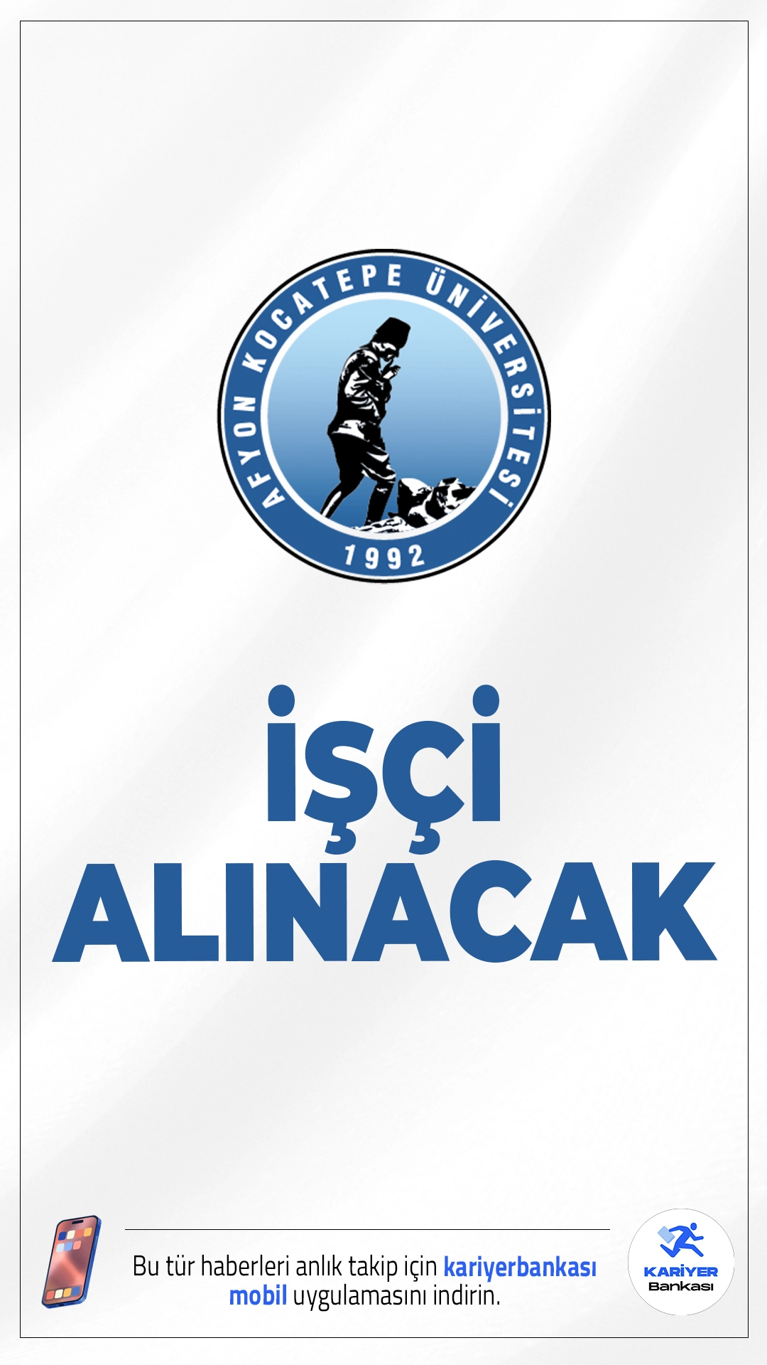 Afyon Kocatepe Üniversitesi 5 İşçi Alımı Yapacak.Afyon Kocatepe Üniversitesi, 657 sayılı Devlet Memurları Kanunu'nun 4/D maddesi kapsamında 5 sürekli işçi alımı gerçekleştirecek. Alımlar İŞKUR üzerinden yapılacak olup, adaylar noter kurası ve sözlü sınav ile belirlenecek. Başvurular, İŞKUR sisteminde ilan yayınlandığı tarihten itibaren 5 gün içinde yapılabilecek.