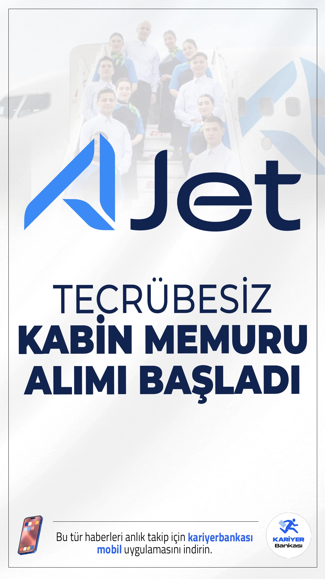AJet Tecrübesiz Kabin Memuru Alımı Başvuruları Başladı.AJet, 2026 yılı için kadın ve erkek adaylar arasından tecrübesiz kabin memuru alımı yapacağını açıkladı. Açıklamada, şirketin vizyoner hedeflerine uygun, yolcu memnuniyetine önem veren adaylarla yoluna devam etmek istediği vurgulandı. Başvurular Şubat ayı itibarıyla alınmaya başlandı.