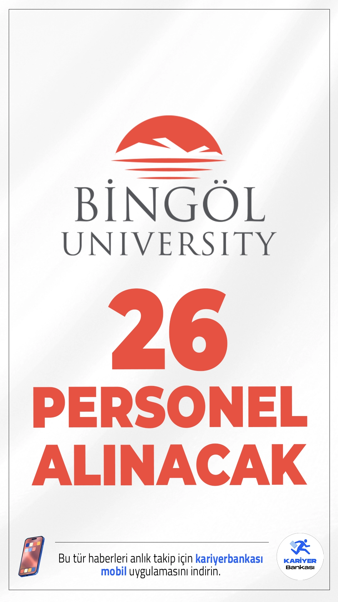 Bingöl Üniversitesi 26 Personel Alımı Yapacak.Bingöl Üniversitesi Rektörlüğü tarafından yayımlanan ilana göre, 657 sayılı Devlet Memurları Kanunu’nun 4/B maddesi kapsamında toplam 26 sözleşmeli personel alımı gerçekleştirilecek. Alımlar, yazılı ve sözlü sınav yapılmaksızın, yalnızca 2024 KPSS (B) grubu puan sıralamasına göre yapılacak .