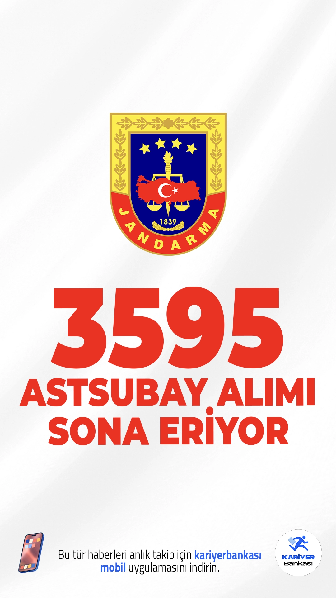 Jandarma 3595 Astsubay Alımı Sona Eriyor.Jandarma Genel Komutanlığı ve Sahil Güvenlik Komutanlığı 3.395 muvazzaf astsubay (erkek/kadın) ve 200 sözleşmeli astsubay (erkek/kadın) olmak üzere toplam 3595 astsubay alımı başvurularında sona gelindi. İlgili alım duyurusuna göre adaylar, Jandarma ve Sahil Güvenlik Akademisi Başkanlığında eğitim görecek. Başvurular yarın(9 Şubat 2026) sona eriyor.Başvuru sayfası şartlar ve diğer detaylar bu haberimizde.