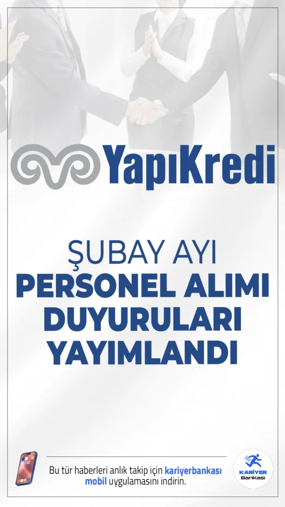 Yapı Kredi Şubat 2026 Personel Alımı Duyuruları Yayımlandı.Yapı Kredi Bankası, Türkiye’nin önde gelen özel bankaları arasında yer almakla birlikte, 2026 Şubat ayı itibarıyla çok sayıda ilde yeni personel alımı gerçekleştireceğini duyurdu. Farklı birimlerde çalışmak isteyen adaylar için birçok pozisyon açılmış durumda.Başvuru şartları ve kadrolar haberimizde.