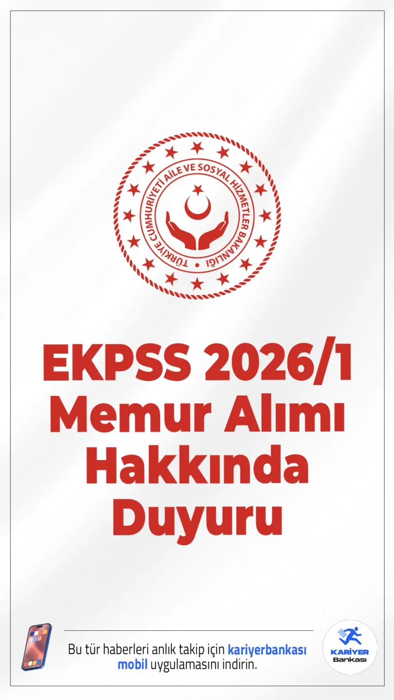 Aile Bakanlığı EKPSS 2026/1 Memur Alımı Hakkında Duyuru. Aile ve Sosyal Hizmetler Bakanlığı sayfasından yayımlanan duyuruda, ÖSYM Başkanlığı tarafından 02.02.2026 tarihinde gerçekleştirilen 2026-1 EKPSS/Kura ile Engelli Kamu Personeli Yerleştirme sonuçlarının açıklandığı aktarıldı. Bakanlık kadrosuna atanmaya hak kazanan adaylardan istenen belgeler aşağıda belirtilmiştir.